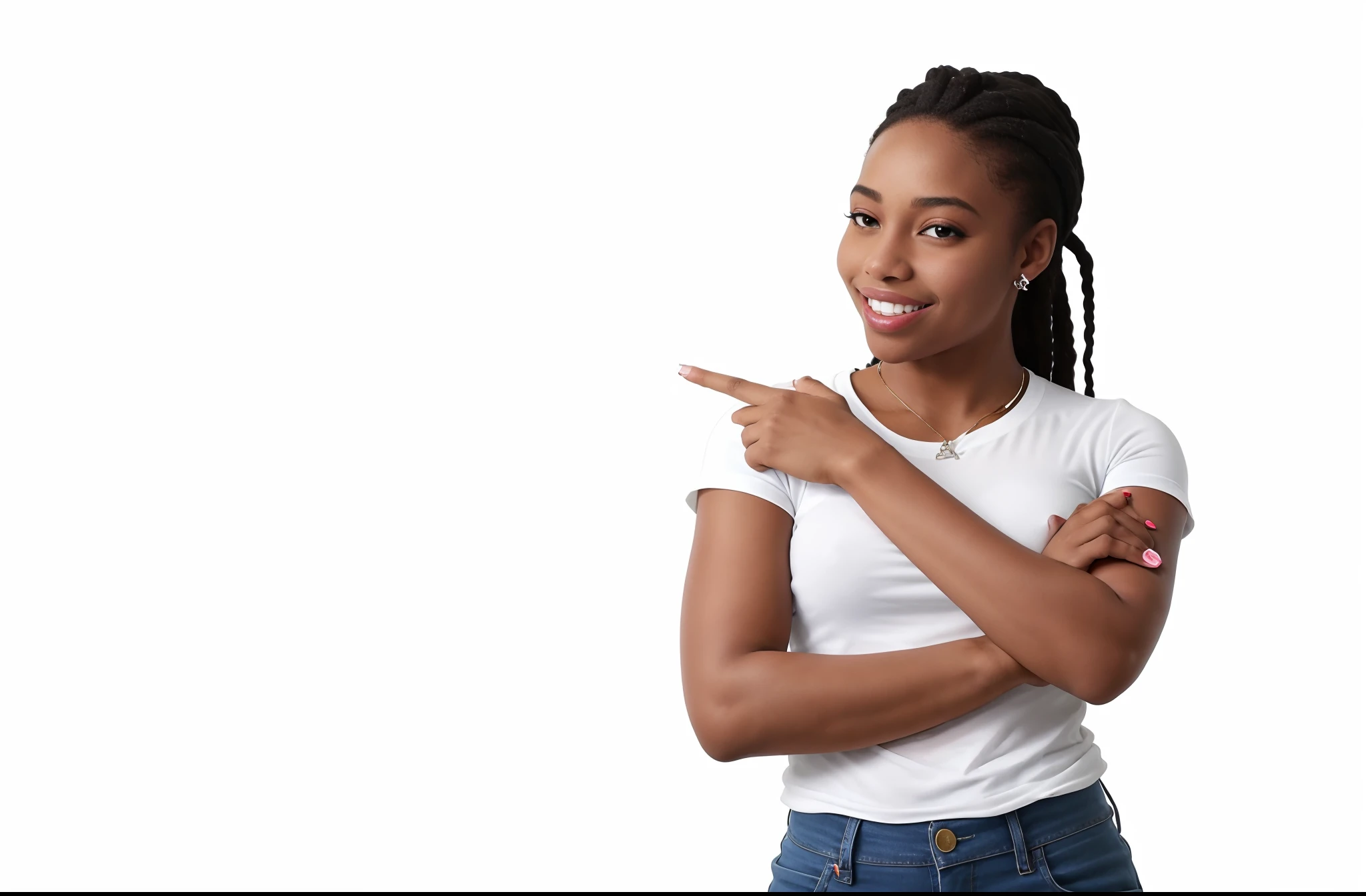 mulher negra camiseta branca apontando o dedo, mulher afro descendente, feliz, sorridente, belos dentes, ebony girl, apontando o dedo indicador