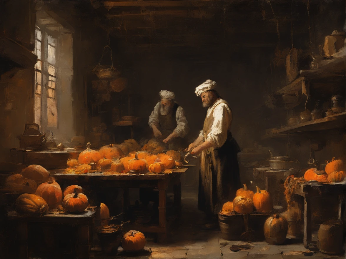 oil painting, heavy brushstrokes, paint drips, A scene of a kitchen with staff preparing pumkins, Baroque, dramatic contrasts between light and dark, emotional intensity, tenebrism, soft edges, oil on canvas, romanticism, baroque, realism, chiaroscuro, Dutch Golden Age, impasto, by Rembrandt van Rijn, by Rembrandt, rich, deep colors, layered image shaded by cells, golden ratio, award winning, professional, highly detailed, intricate, volumetric lighting, gorgeous, masterpiece, sharp focus, depth of field, perfect composition, award winner, artstation, acrylic painting, pixiv fanbox trends, palette knife and brush strokes, 16k hi-res, uhd