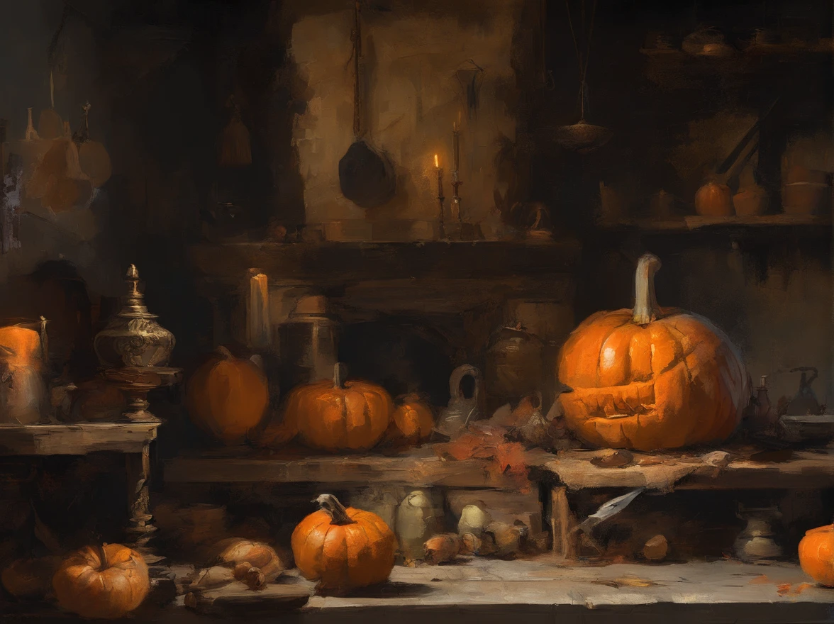 oil painting, heavy brushstrokes, paint drips, A scene of a kitchen with staff preparing pumkins, Baroque, dramatic contrasts between light and dark, emotional intensity, tenebrism, soft edges, oil on canvas, romanticism, baroque, realism, chiaroscuro, Dutch Golden Age, impasto, by Rembrandt van Rijn, by Rembrandt, rich, deep colors, layered image shaded by cells, golden ratio, award winning, professional, highly detailed, intricate, volumetric lighting, gorgeous, masterpiece, sharp focus, depth of field, perfect composition, award winner, artstation, acrylic painting, pixiv fanbox trends, palette knife and brush strokes, 16k hi-res, uhd