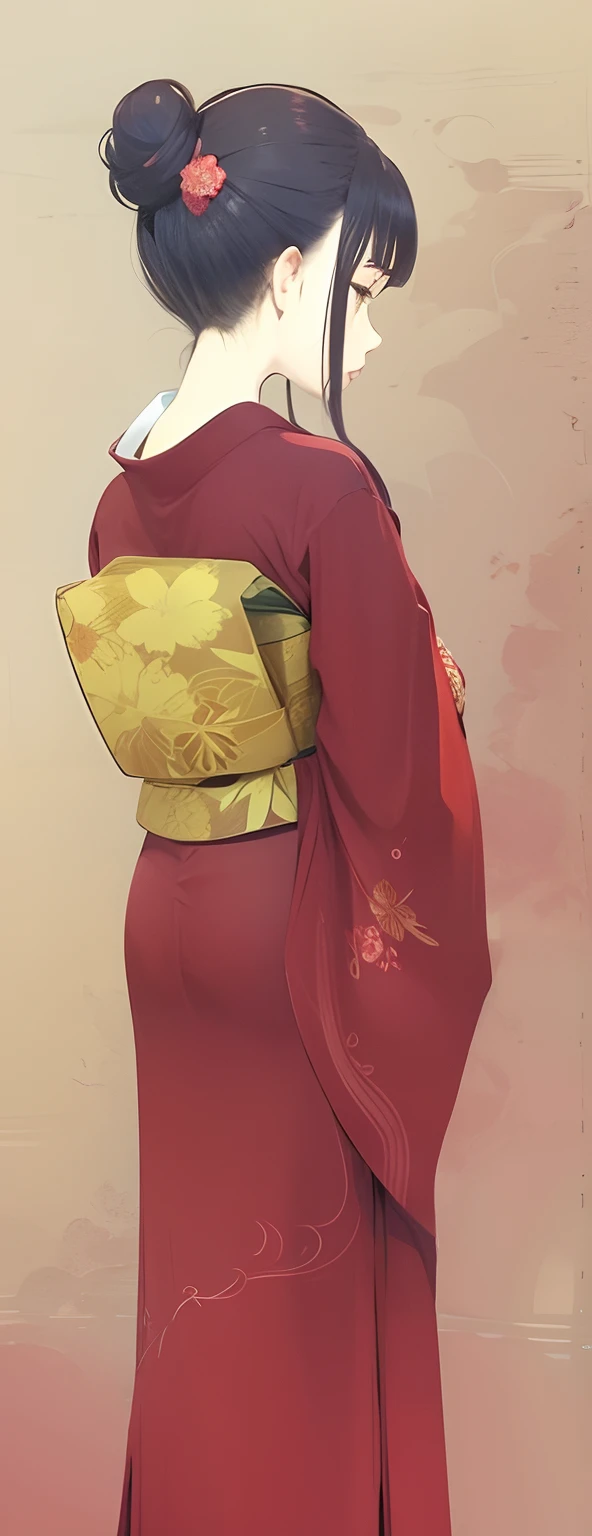 Uma garota de costas vestindo um Yukata vermelho. Corpo voluptuoso, bunda grande, cintura fina.