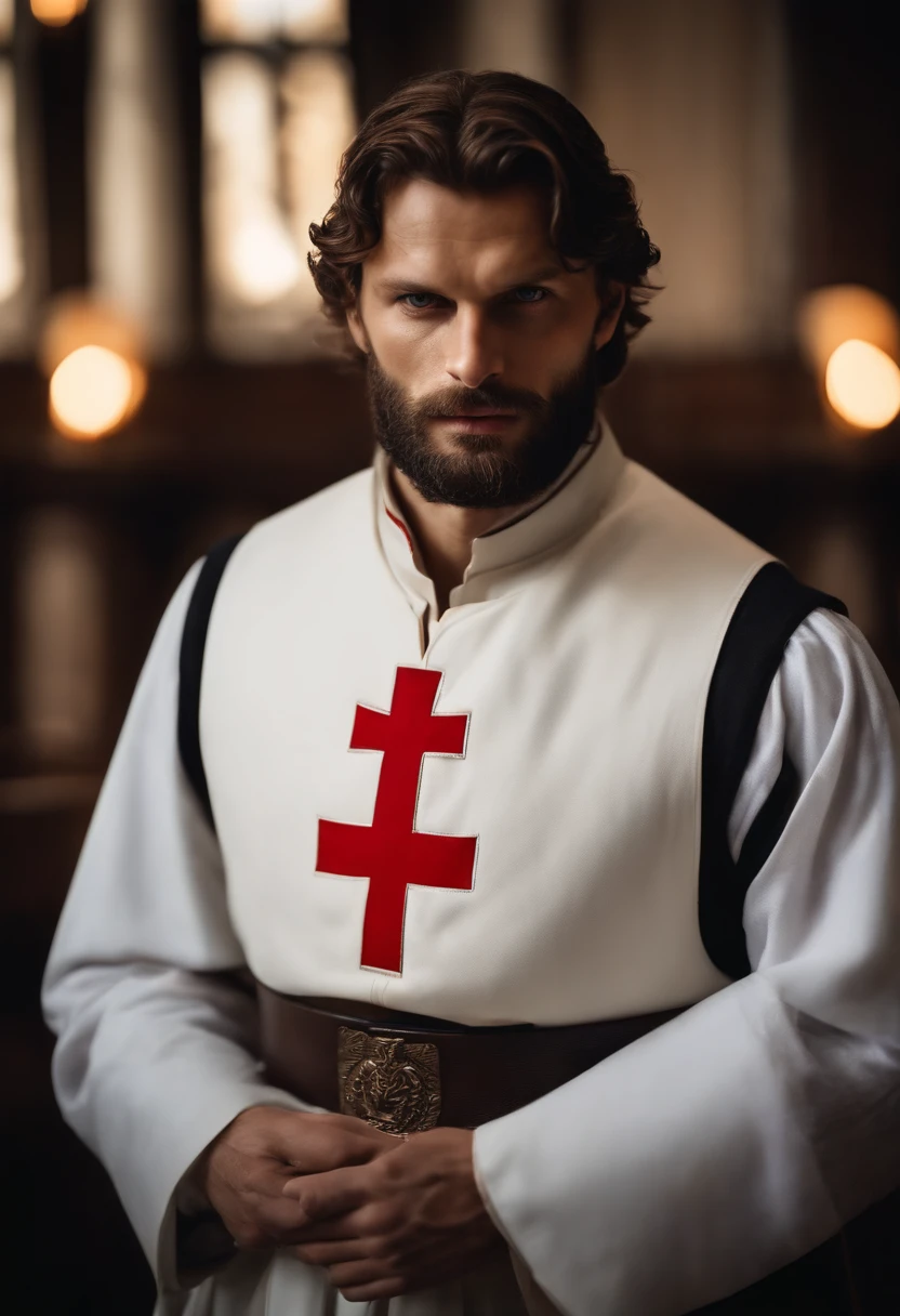 Create a Templar, Knightfall series, wearing white tunic with red cross, dark beard, similar to actor Jamie Dornan, super detail-oriented, realistic, Jamie Dornan, Templar, blue eyes, cinematic style, Knightfall, 8k resolution, best quality, close up.