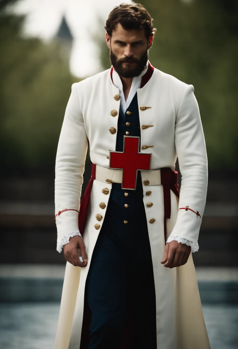 Create a Templar, Knightfall series, wearing white tunic with red cross, dark beard, similar to actor Jamie Dornan, super detail-oriented, realistic, Jamie Dornan, Templar, blue eyes, cinematic style, Knightfall, 8k resolution, best quality, close up.