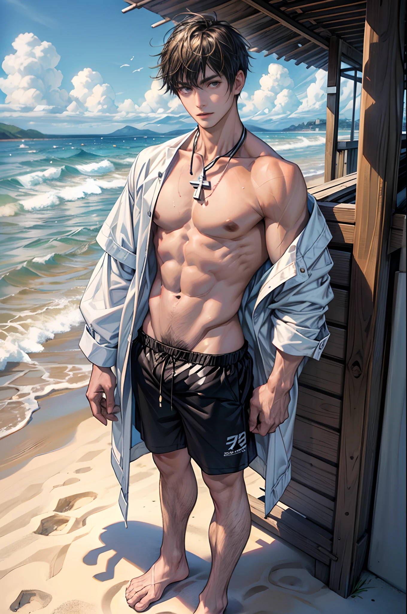 （tmasterpiece，超高分辨率，16k UHD，high qulity），low tune，lifeguard，Afar male, Seaside, (Standing in an ice shop by the sea),  standing on your feet，full bodyesbian，looking at viewert，Shirtless, swimming trunks，tmasterpiece，On a wooden platform by the sea，sitted，（Golden hair），(Around his neck was a lifeguard-only whistle), (Comb short hair), Black eyes，(roast), ssmile, (White clip foot dragging), Seoul, (dregs:1.5)，（small heads），Precise anatomy，Precise hand structure，white swim trunk，Unity 16K wallpaper，concept-art，One guy，8K eyes，sand beach，bench，（（（Mature male））），（（largeeyes：1.3）），（extra very short hair），（（1 American Bizo）），swim trunks，（photorealiscic face：1.8），broad shoulder，slips，（full bodyesbian：1.8），Male 28，