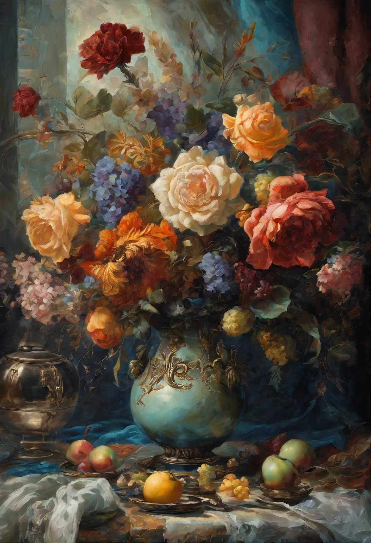 A detailed description of the prompt:
"Best quality, A high resolution, Masterpiece:1.2, Ultra-detailed, Realistic:1.37, Dark Still Life, Oil painting, mystical ambiance, Dim lighting, Rich textures, Vivid colors, Intricate details, intense shading, Aging objects, Antique props, Tarnished silverware, wilted flowers, Rotten fruit, subtle reflections, GLOOMY AMBIANCE, hauntingly beautiful, Creepy elements, Delicate brushstrokes, Engaging composition, Classical art style, Tonal contrast, Dramatic shadows, Spooky existence, Incredible objects, Intricate rotting details, Gloomy color palette, The depth and dimensions of the capture, Emotions hidden in the dark, Realistic rendering, Strong chiaroscuro, Delicate texture, Tiny details of each object, Impeccable accuracy in portraying aging, Unforgettable vulnerability, Ethereal atmosphere, Complex layers of symbolism."