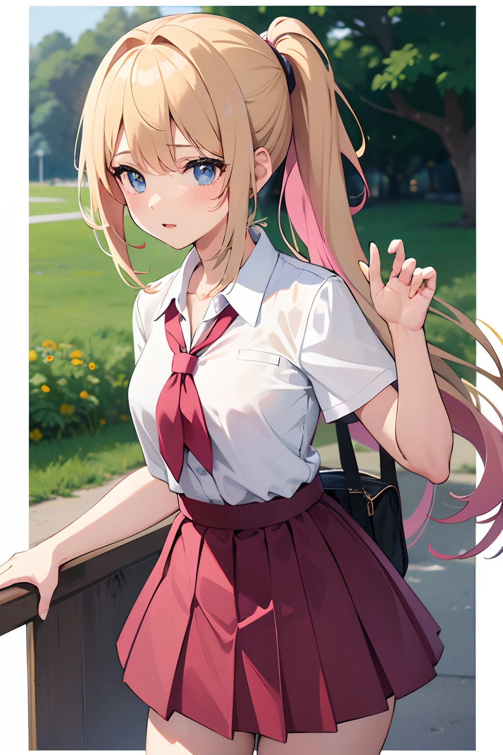 1 girl, solo, masterpiece, school,summer,dark pink school shirt, school skirt, blonde haired, ponytail hairstyle,