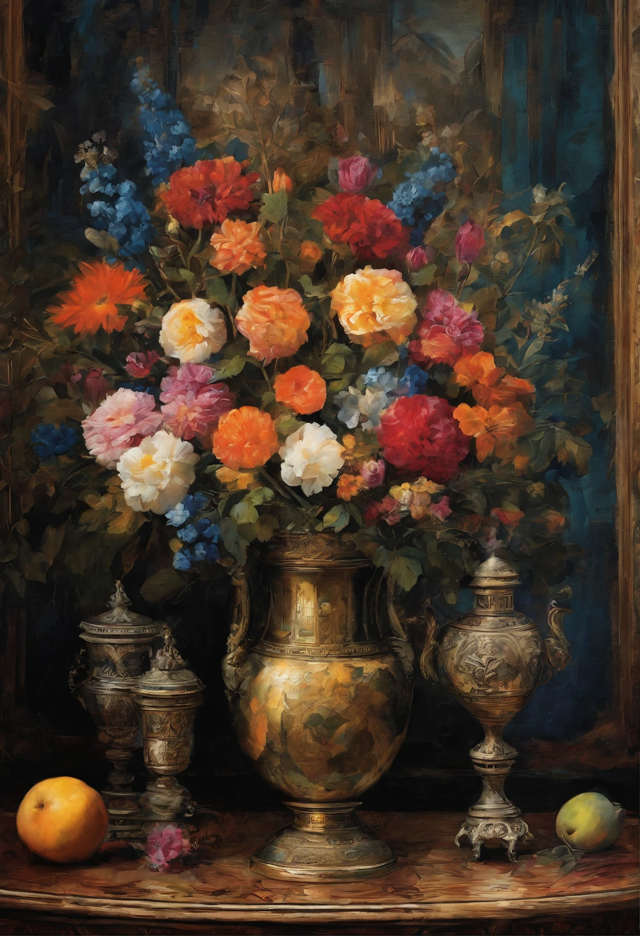 A detailed description of the prompt:
"Best quality, A high resolution, Masterpiece:1.2, Ultra-detailed, Realistic:1.37, Dark Still Life, Oil painting, mystical ambiance, Dim lighting, Rich textures, Vivid colors, Intricate details, intense shading, Aging objects, Antique props, Tarnished silverware, wilted flowers, Rotten fruit, subtle reflections, GLOOMY AMBIANCE, hauntingly beautiful, Creepy elements, Delicate brushstrokes, Engaging composition, Classical art style, Tonal contrast, Dramatic shadows, Spooky existence, Incredible objects, Intricate rotting details, Gloomy color palette, The depth and dimensions of the capture, Emotions hidden in the dark, Realistic rendering, Strong chiaroscuro, Delicate texture, Tiny details of each object, Impeccable accuracy in portraying aging, Unforgettable vulnerability, Ethereal atmosphere, Complex layers of symbolism."