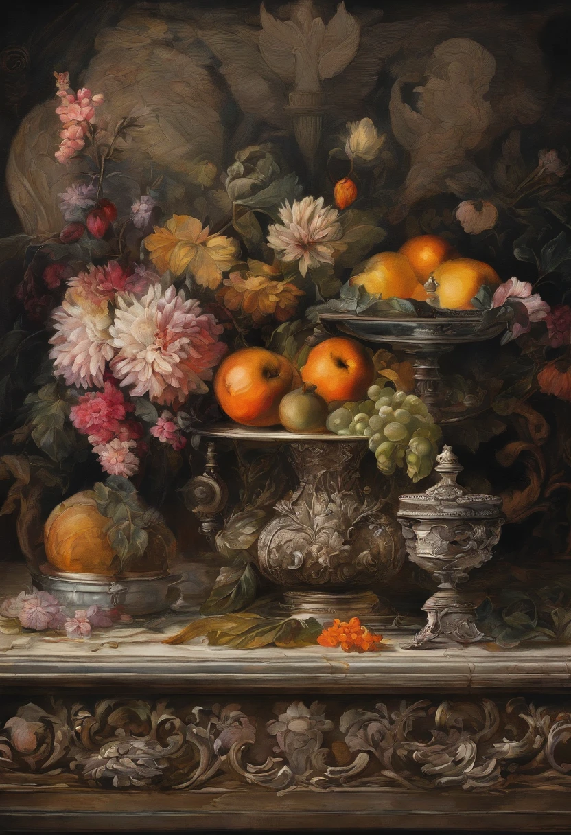 A detailed description of the prompt:
"Best quality, A high resolution, Masterpiece:1.2, Ultra-detailed, Realistic:1.37, Dark Still Life, Oil painting, mystical ambiance, Dim lighting, Rich textures, Vivid colors, Intricate details, intense shading, Aging objects, Antique props, Tarnished silverware, wilted flowers, Rotten fruit, subtle reflections, GLOOMY AMBIANCE, hauntingly beautiful, Creepy elements, Delicate brushstrokes, Engaging composition。, Classical art style, Tonal contrast, Dramatic shadows, Spooky existence, Incredible objects, Intricate decay details, Gloomy color palette, The depth and dimensions of the capture, Emotions hidden in the dark, Realistic rendering, Strong chiaroscuro, Delicate texture, Tiny details of each object, An impeccable depiction of aging, Unforgettable vulnerability, Ethereal atmosphere, Complex layers of symbolism."