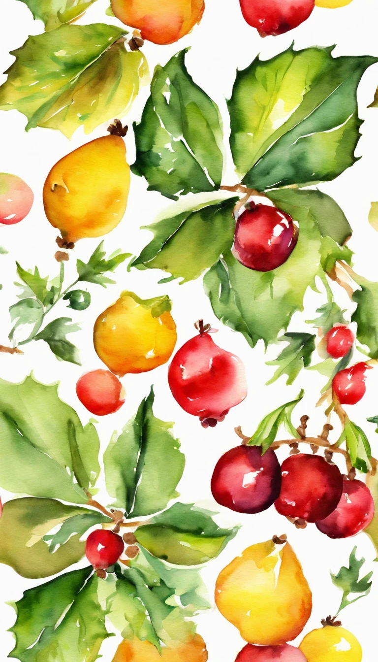 Holly, red fruit, yellow bell and calm color watercolor pattern isolated on white background. Watercolor paper texture.