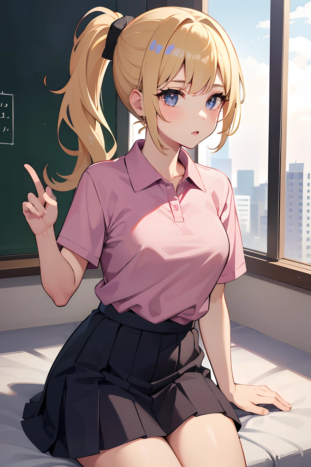 1 girl, solo, masterpiece, school,summer,dark pink polo shirt, school skirt, blonde haired, ponytail hairstyle,