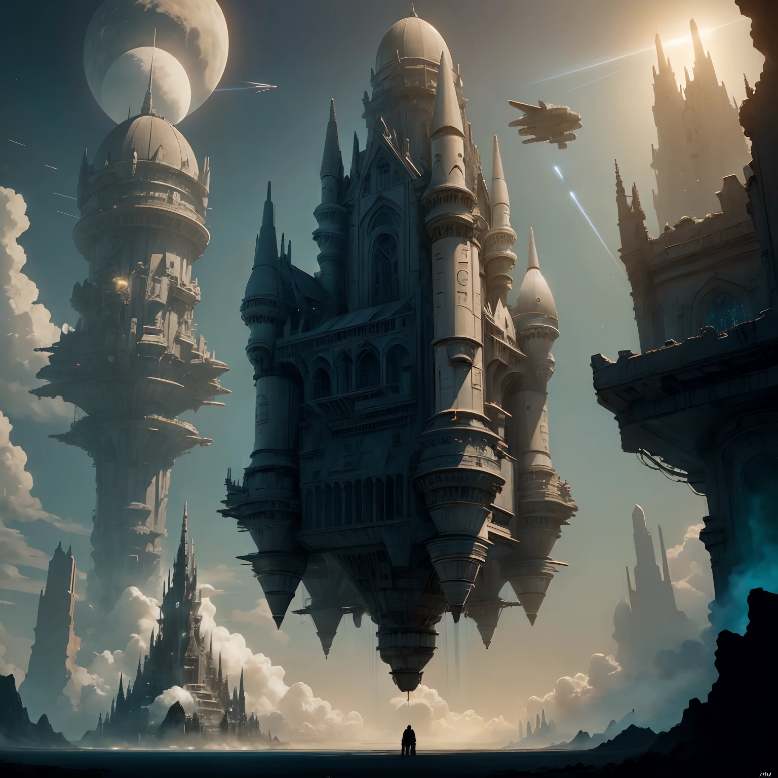 A rocket shaped like a castle is flying towards space