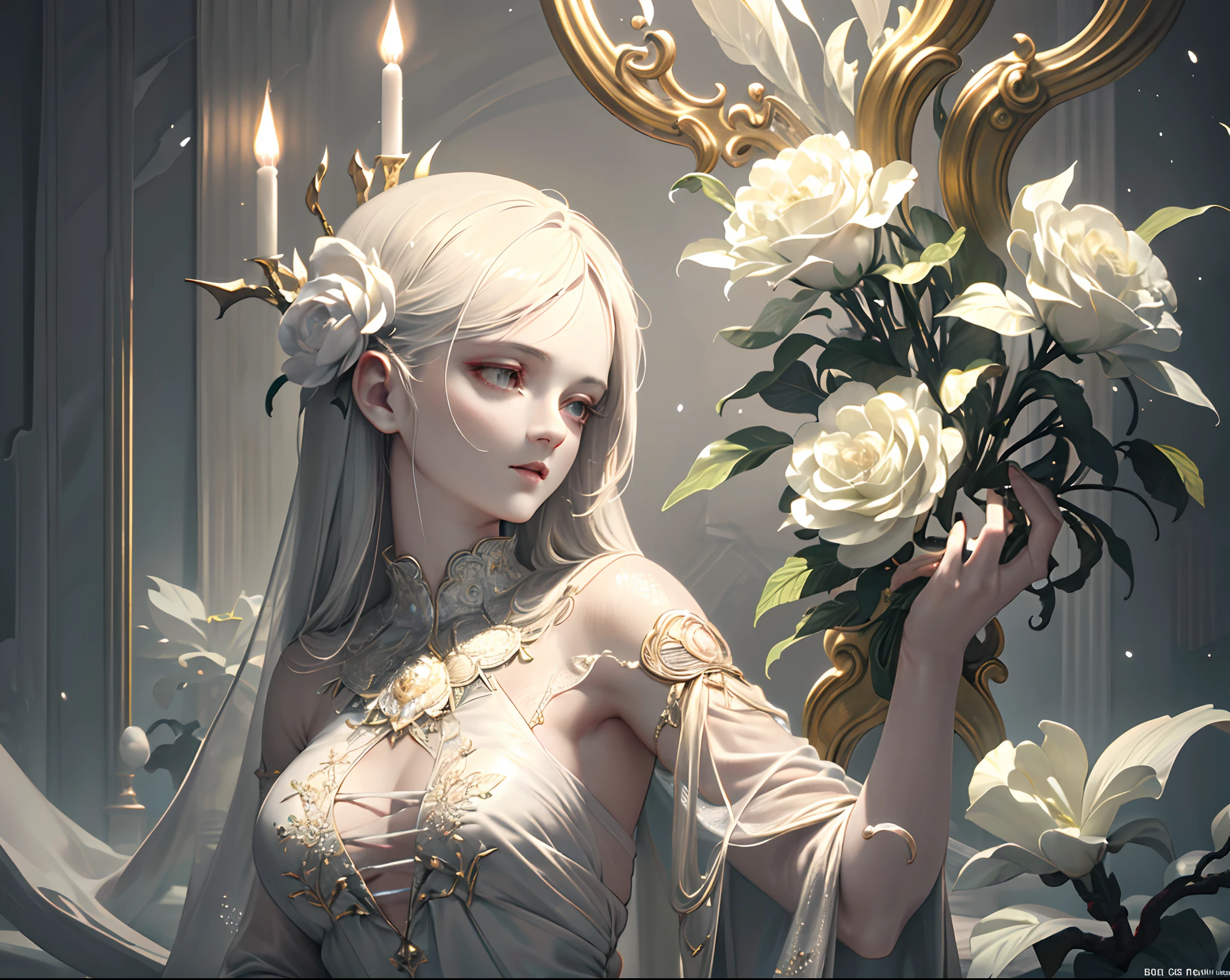 High definition RAW color art, Animation,sculptures, Snow marble skin, High angle, crystal flower, (((Ultra detailed elegant))), Magical atmosphere, (focus on upper body), (Detailed skin, Texture (Intricately detailed, Fine detail, ultra-detailliert), Dark Museum