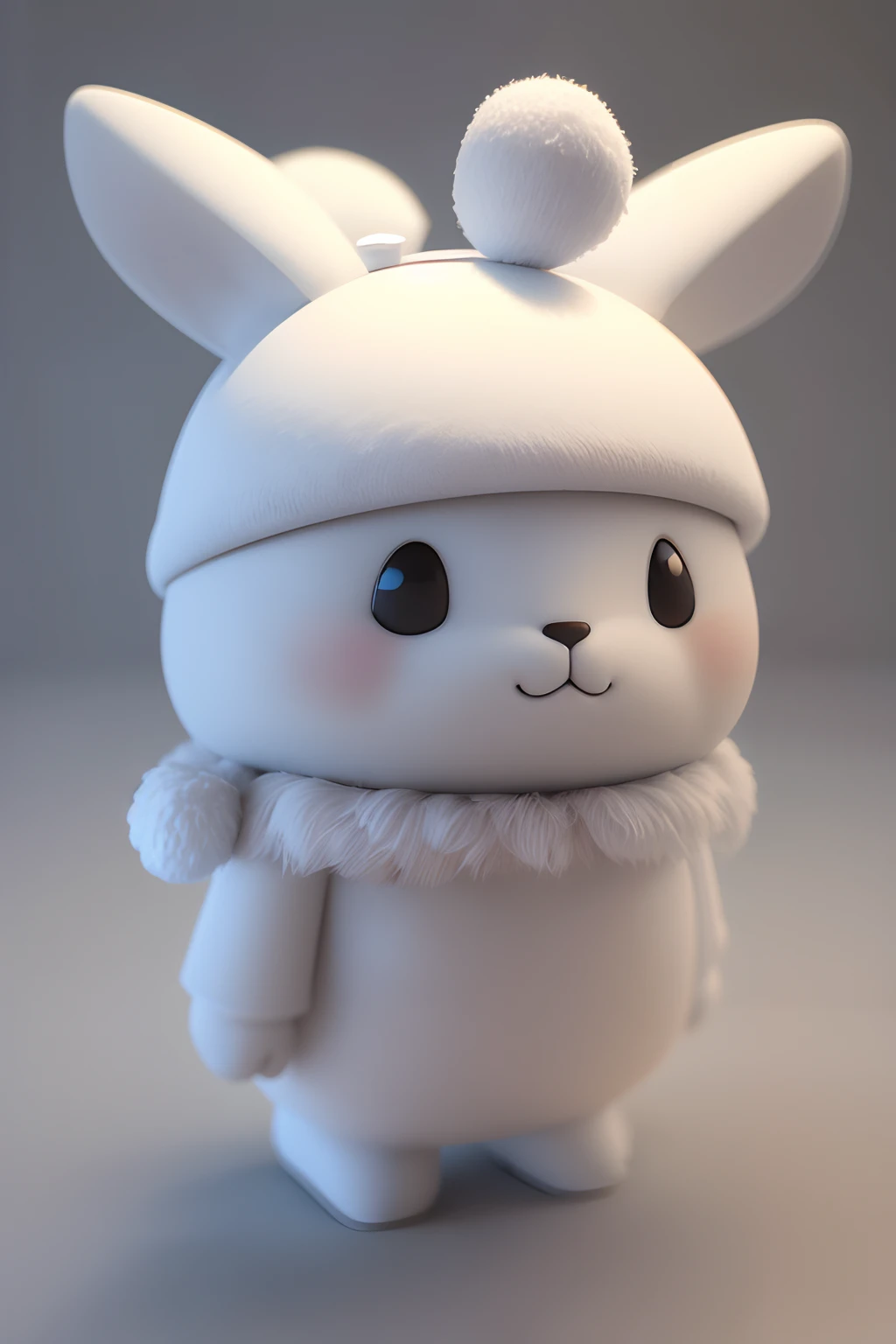 symmetry,front view,3D, marshmallow-like character wearing a rabbit ushanka, one heads high,simple,looking at the camera,animal cap