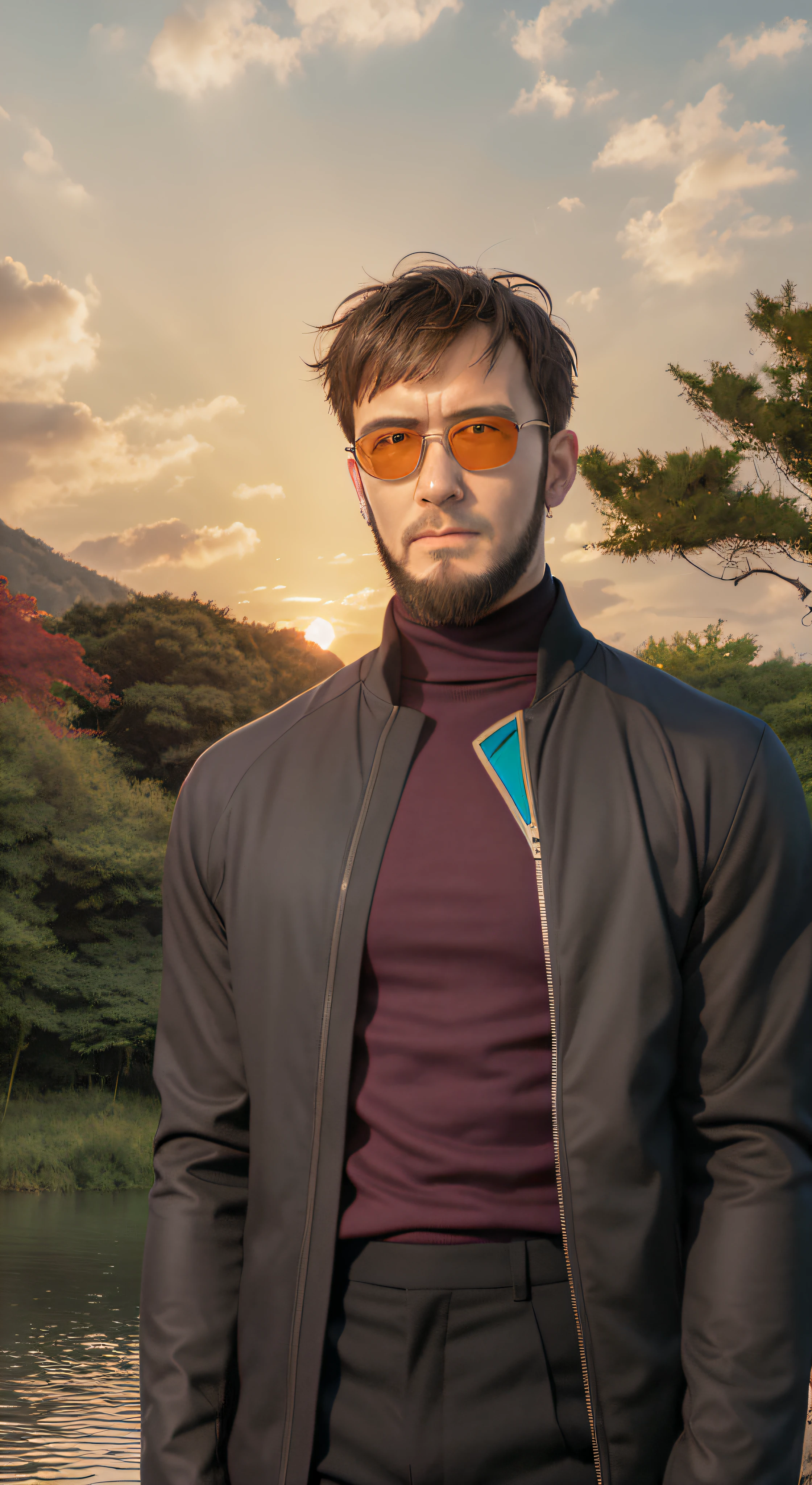 1boy, 独奏, Gendo Ikari, A dark-haired, a beard, facial hairs, Black jacket, Red Turtleneck, Yellow sunglasses, is standing, a park, the setting sun, The tree, lake、The upper part of the body、Enlarged