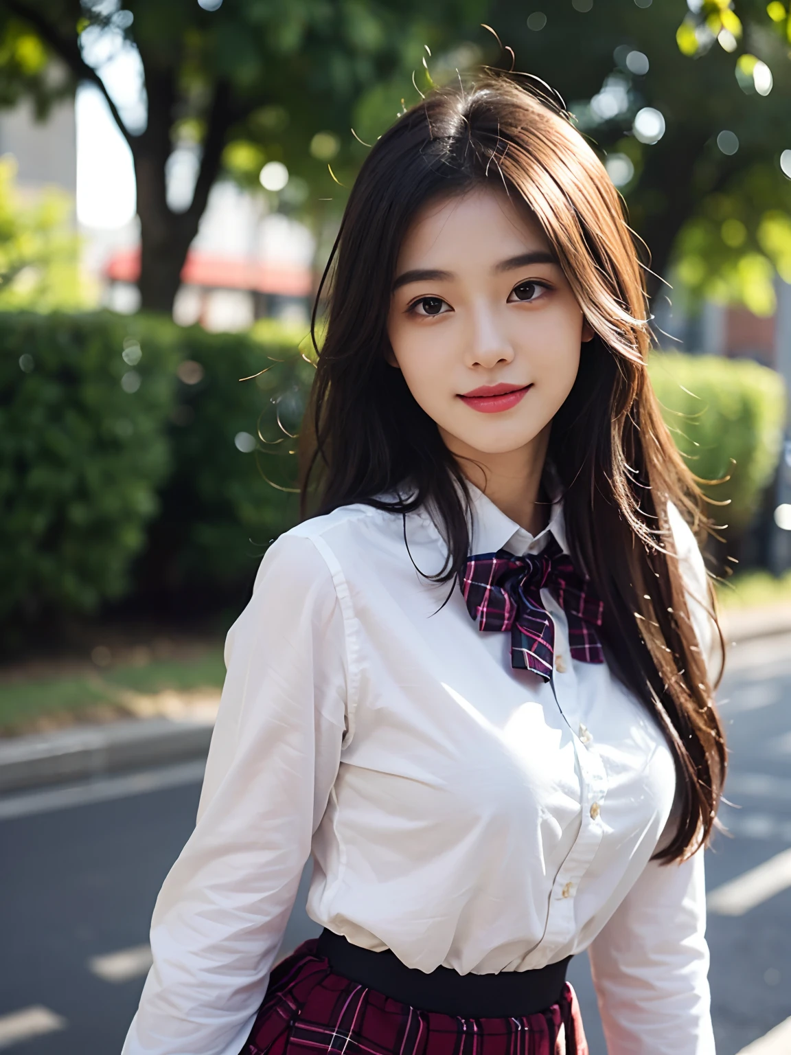 best qualtiy，tmasterpiece，超高分辨率，（真实感：1.4），RAW photogr，1girll，long whitr hair，Face Highlighting，Pure，Girly，Flushing，18yr old，18-year-old smiling female classmate，Pure，Innocent，（best qualtiy，8K，tmasterpiece:1.3），Goose egg face，largeeyes，long eyelasher，Exquisite（live-action realistic style），Star-like eyes，Ultimate face，Photorealistic light and shadow，Clear facial features，Milky white skin，Fair skin， highdetailskin， Realistic skin details， Visible Pore，（Super detail），（perfect bodies：1.1），long whitr hair，（dynamicposes），((Dynamic background((volumettic light：1.3))，huge tit，Short plaid skirt，white  shirt，Plaid bow tie，school ground，Old building，Tall plane tree
