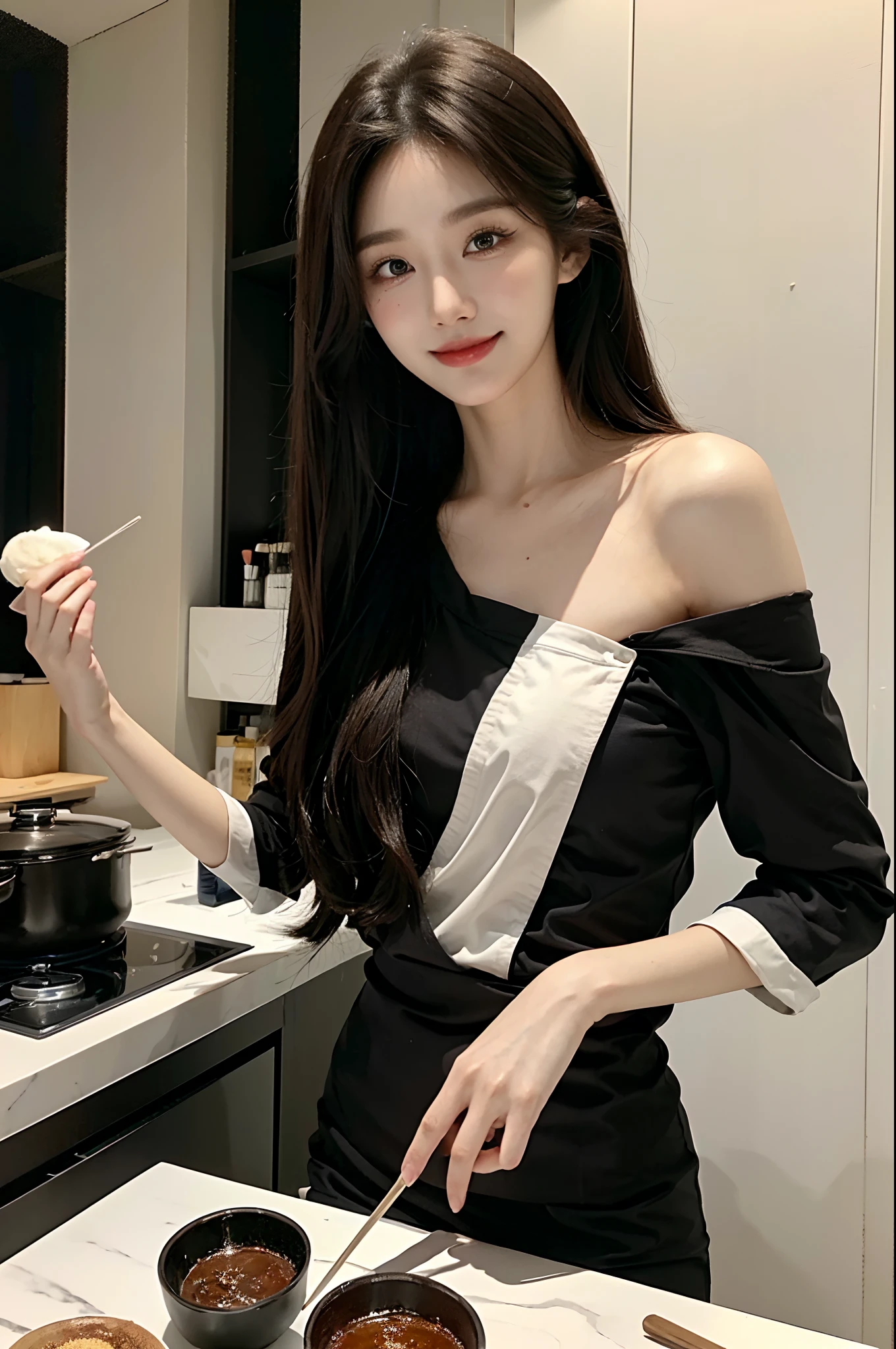 masterpiece、top-quality)、1 beutiful girl、Slim body、((Black and white loungewear:1.1))、(Detailed beautiful eyes)、In the kitchen of a rich man's house、Face similar to Chaewon in Le Selefim、((Boyish Brown Medium Hair))、((Smaller face))、((Neutral face))、((Light brown eyes))、((Korean Girl))、((18year old))、((cool lady))、((A shy smile on his face))、((Korean Makeup))、((elongated and sharp eyes))、((Happy dating))、((boyish))、((Cooking))、((shot from front))