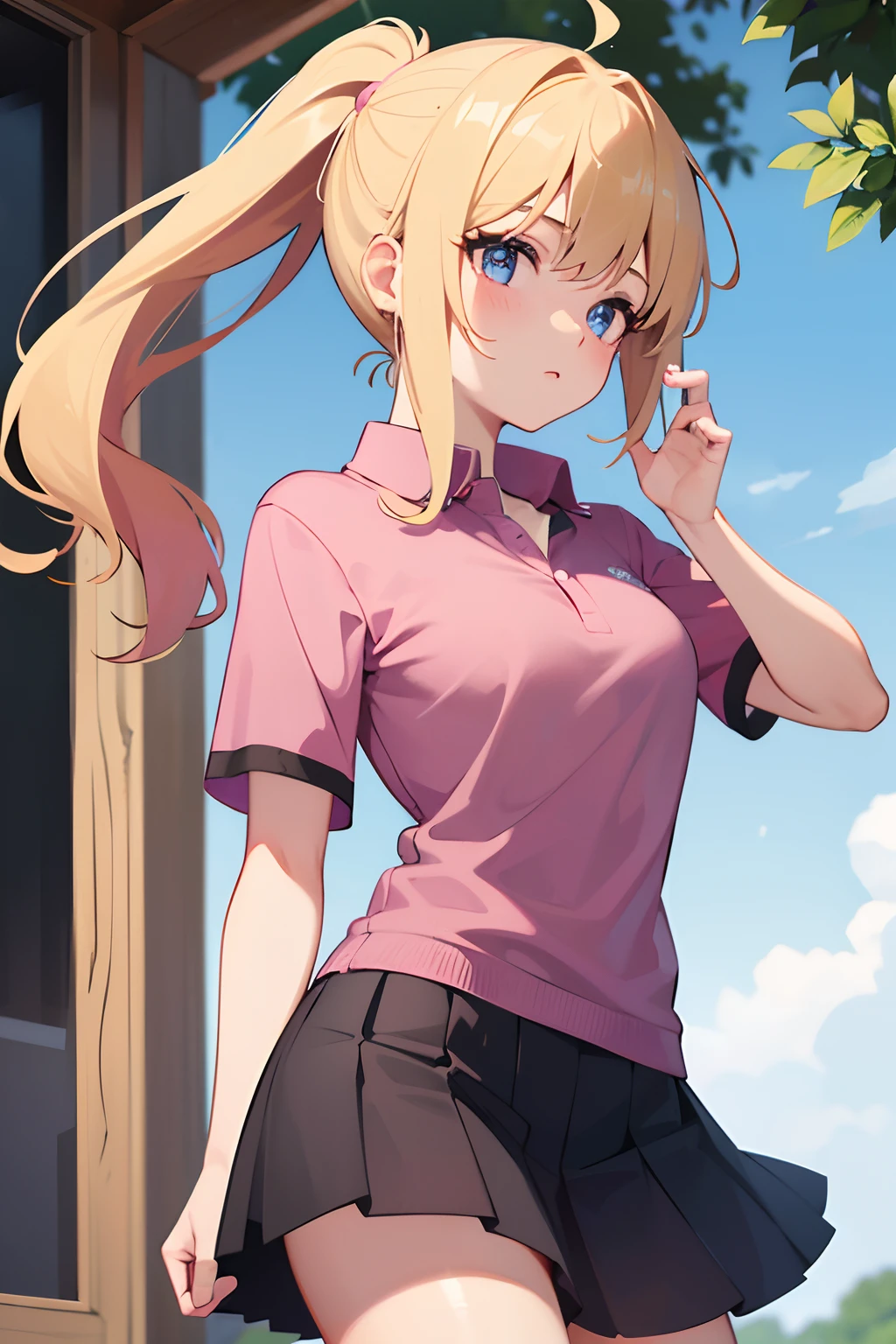 1 girl, solo, masterpiece, school,summer,dark pink polo shirt, school skirt, blonde haired, ponytail hairstyle,