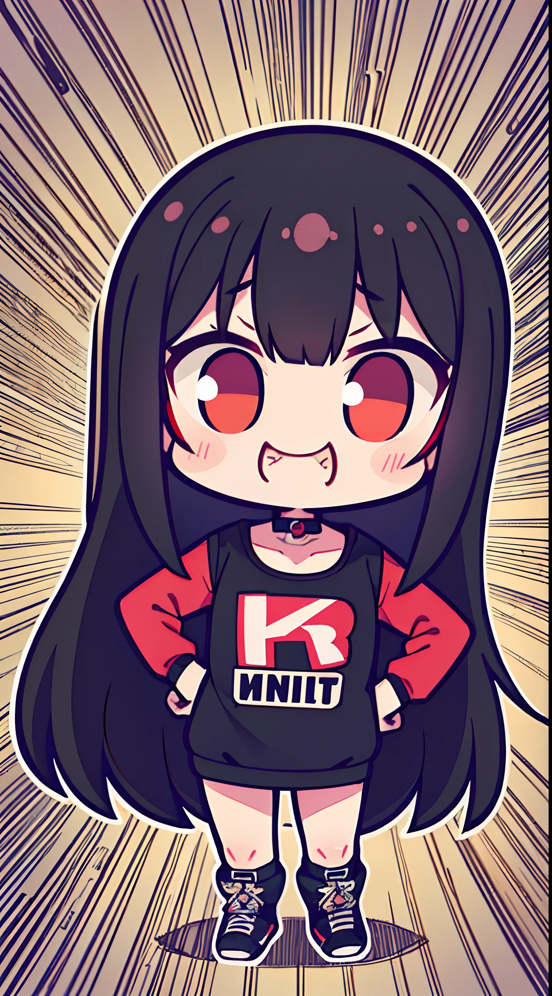 (Best Quality,4K,High resolution), girl with, Red mesh hair on black hair, Long hair, Straight hair, Comical appearance,noisy,rampage,comic strip,animesque,Comical illustration,busy,Deformed cute illustration,Compact size,Small body,Text background,(hahaha!!)