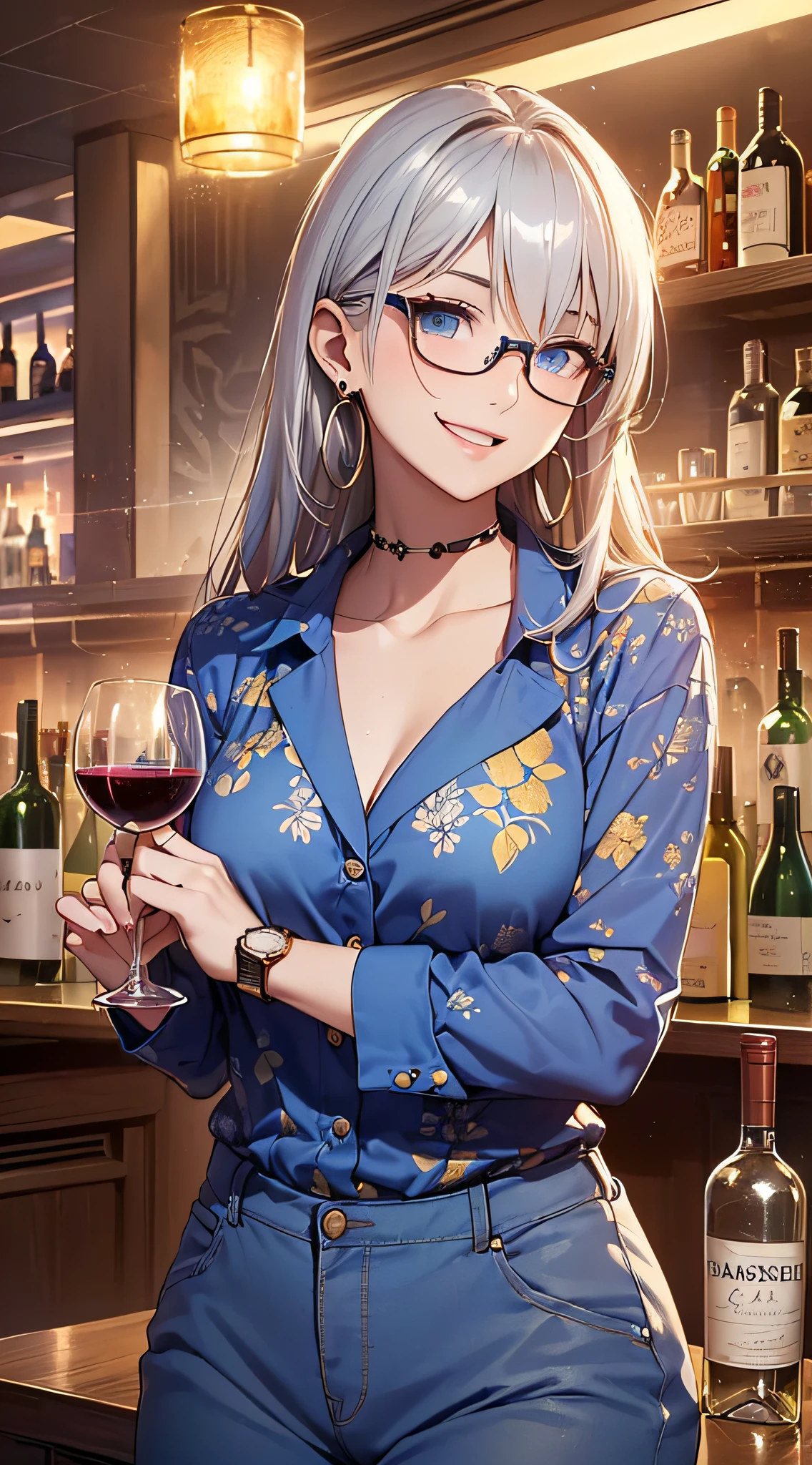 top-quality、Top image quality、masterpiece、girl with((18year old、 Beautiful Aloha Shirts、Blue long trousers、Best Bust、Bust 85、a blond、Semi-long、Blue eyes、open chest wide、Valley、Happiness、A slender、great laughter、Gold Earrings、Silver Watch、bending forward、Trouble Pose、Drunk、I'm spoiled,Take a seat at the counter))hiquality、Beautiful Art、Background with((Night Bar、Neon lighting)、The table(2 glasses、bottle of wine、Jar of vodka)masutepiece、Elaborate design、visualart
