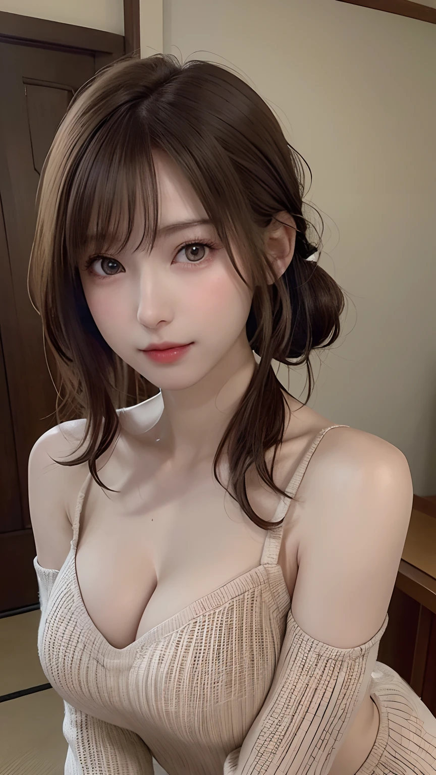 (masterpiece:1.3), (8K, Photorealsitic, Raw photography, Top image quality: 1.4), Japan high school girls、(Random hairstyles:1.2)、cleavage of the breast:1.2、Super Detail Face、Eye of Detail、二重まぶた、Bring your chest together、foco nítido:1.2、prety woman:1.4、light brown hair、top-quality、masterpiece、超A high resolution、(Photorealsitic:1.4)、Highly detailed and professional lighting smile、Loose and light knitwear、Shoulder out、slender、serious facial expression、short-haired、Fatal position