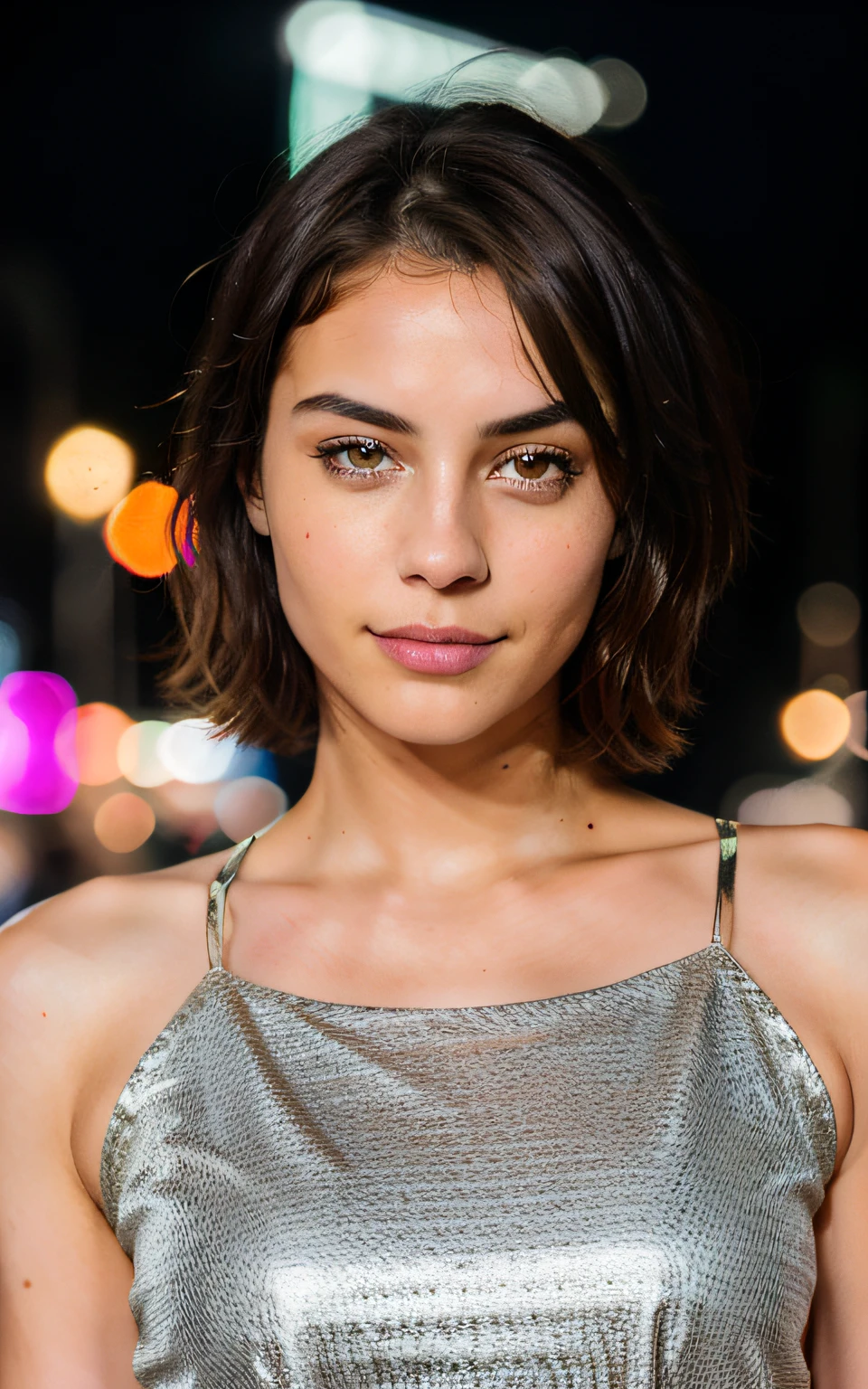 cute beautiful brunette, selfie, street, face on, serious expression, full body shot, very detailed, 22 years old, flirty face, short hair, brown eyes, high-res, in the city, neon lighting, masterpiece, best quality, intricate details, highly detailed, sharp focus, detailed skin, realistic skin texture,detailed eyes, professional, 4k, smile, shot on Canon, 85mm,shallow depth of field, kodak vision color, eyeshadow, extremely detailed, photo_\(ultra\), photorealistic, realistic, post-processing, max detail, roughness, real life, ultra realistic, photorealism, photography, 8k uhd, photography,