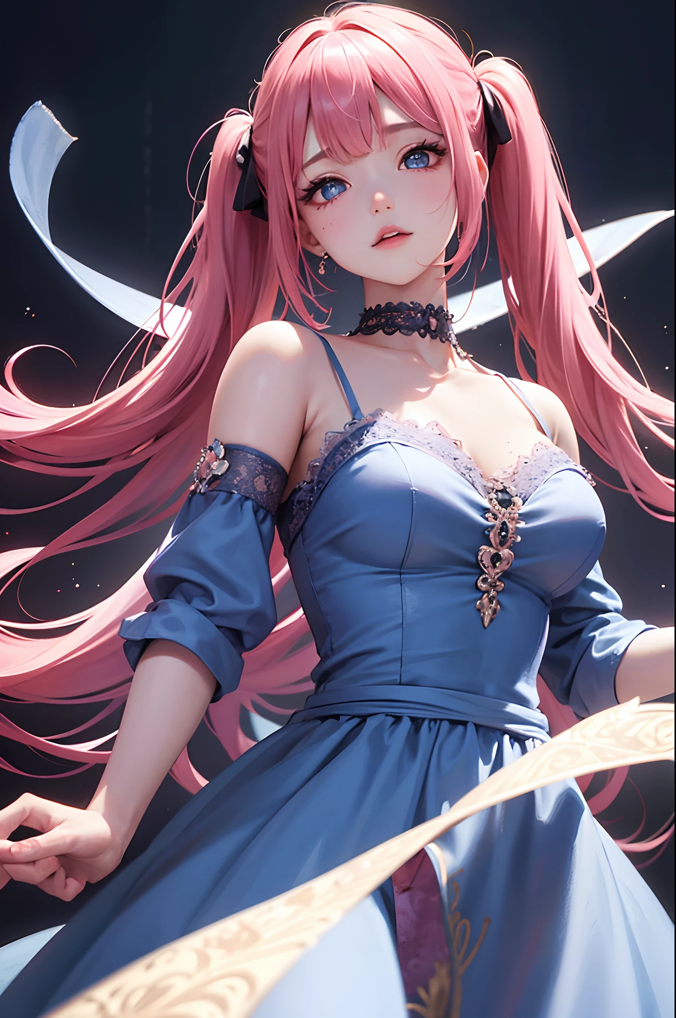 1girl in、looking at the viewers、
The upper part of the body、Beautiful blue eyes、Twin tails pink hair color、Moles under the eyes、Plump and glossy lips、Heart-shaped choker、。.。.。.。.。.。.。.。.3D、realisitic、
large full breasts、excessively frilled princess dress、draped clothes、jewely、ornament detached、florals、Lace trim、
masterpiece、top-quality、8K、detailed skin textures、Detailed Cloth Texture、beautifull detailed face、intricate-detail、ultra-detailliert、
Rim lighting、Side lighting、ciinematic light、超A high resolution、8K UHD、film grains、Best Shadow、delicated、gazing at viewer、front facing