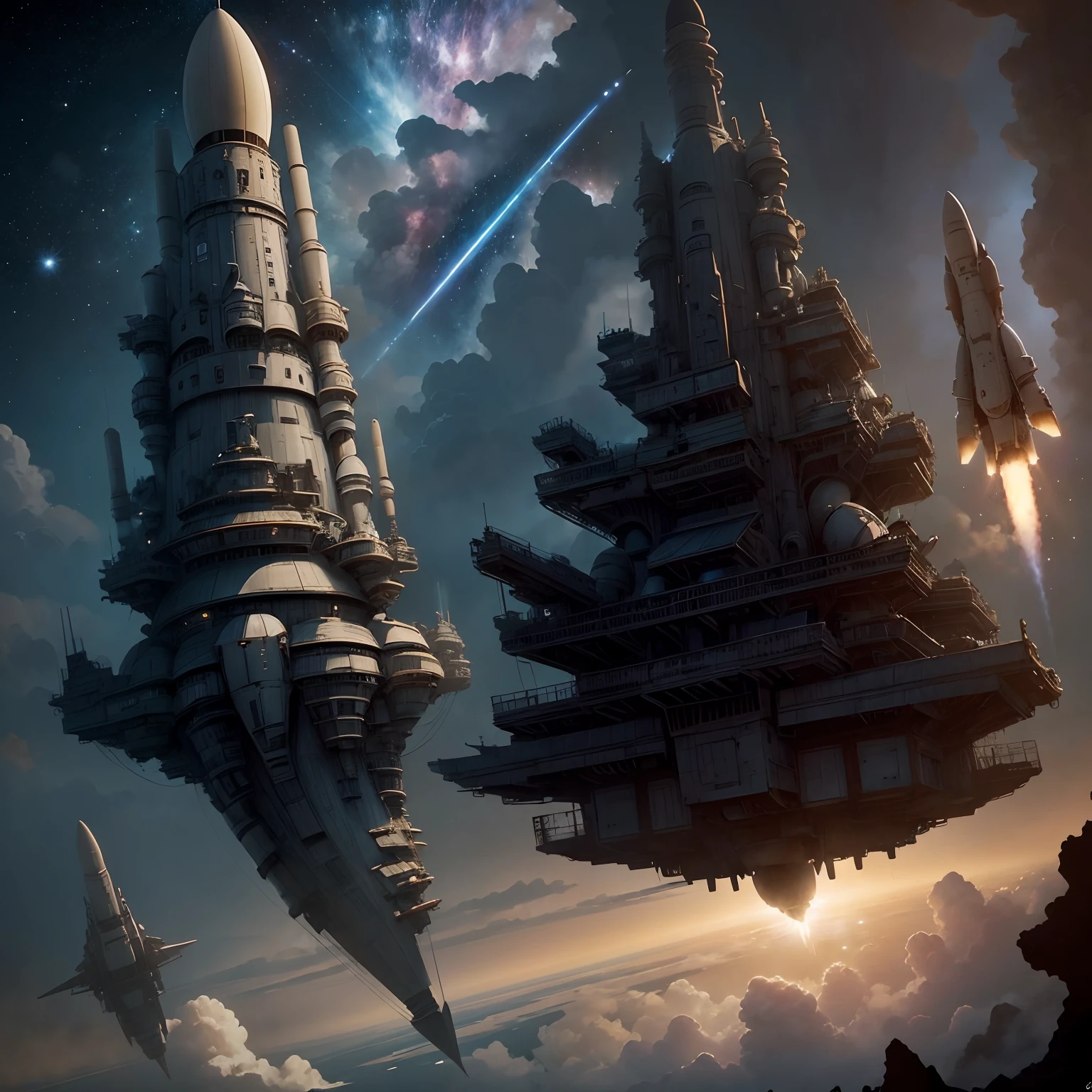 finest image, rocket shaped like a Japanese castle is flying towards space