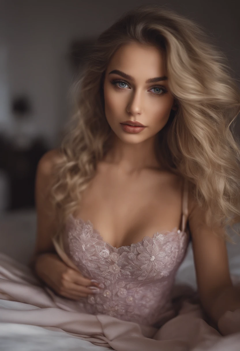 Arafed woman completely , fille sexy aux yeux bleus, ultra realist, Meticulously detailed, Portrait Sophie Mudd, cheveux blonds et grands yeux, selfie of a young woman, Yeux de chambre, Violet Myers, sans maquillage, maquillage naturel, looking straight at camera, Visage avec Artgram, Maquillage subtil, Great photo of the whole body kneeling on the bed, dans la chambre, Buste de taille moyenne