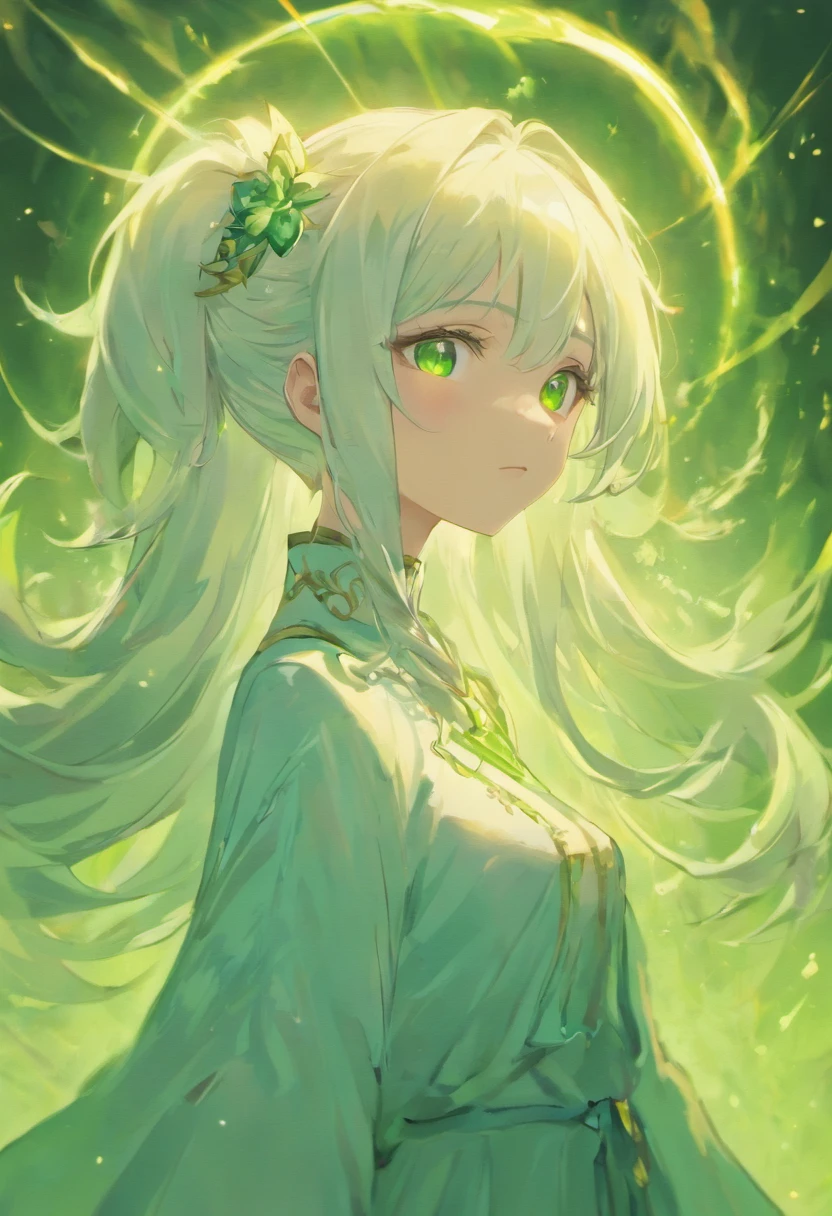 Godly, White hair, female, green eyes, curve, long hair, white bachground, holy, long ears,