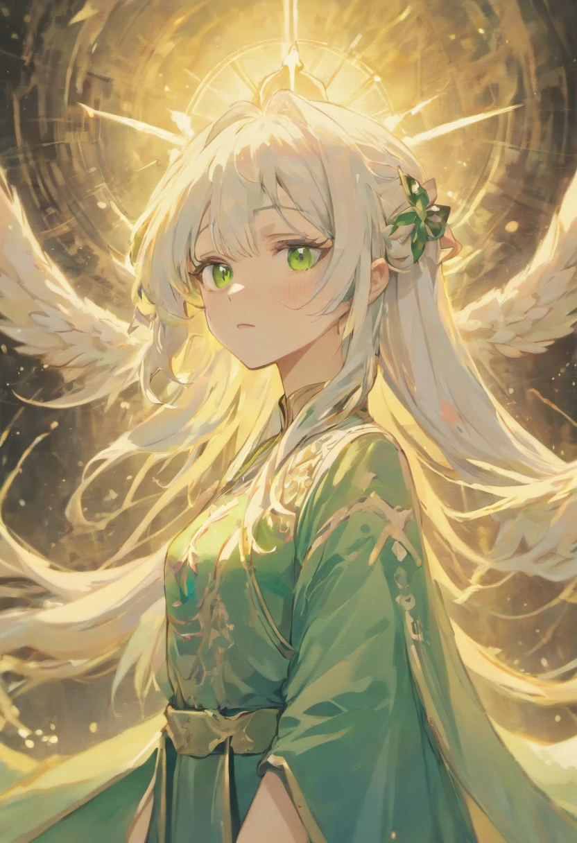 Godly, White hair, female, green eyes, curve, long hair, white bachground, holy, long ears,
