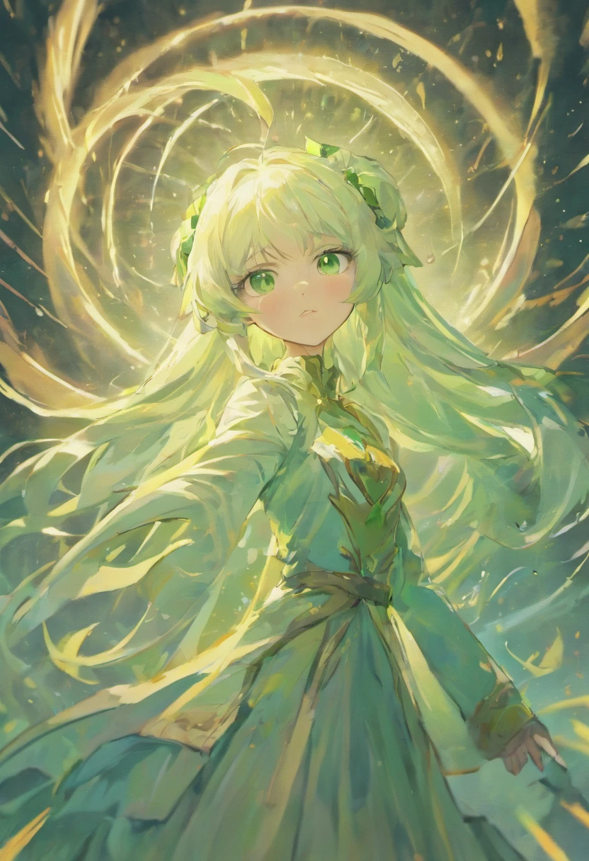 Godly, White hair, female, green eyes, curve, long hair, white bachground, holy, long ears,