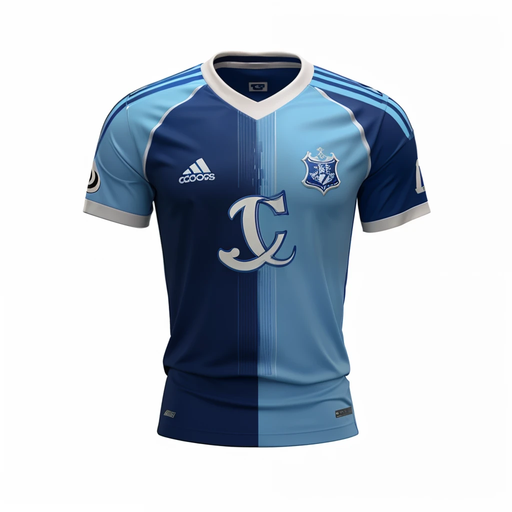 A closeup of a blue and white football shirt with an OM symbol, inspired by Juraj Julije Klović, Prettt, pre-rendered, azuis claros, esquema azul e preto.