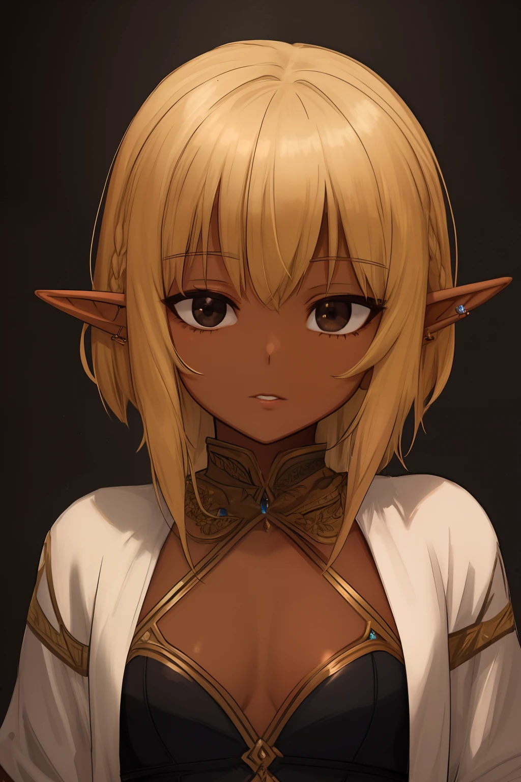 Masterpiece, high quality, (Deep brown skin tone), elf, fit, beautiful elf, sexy elf, female, portrait, piercings, virgin, black eyes, princess, Aesthetic, pixie cut, photographic, sunny day, wearing a thong