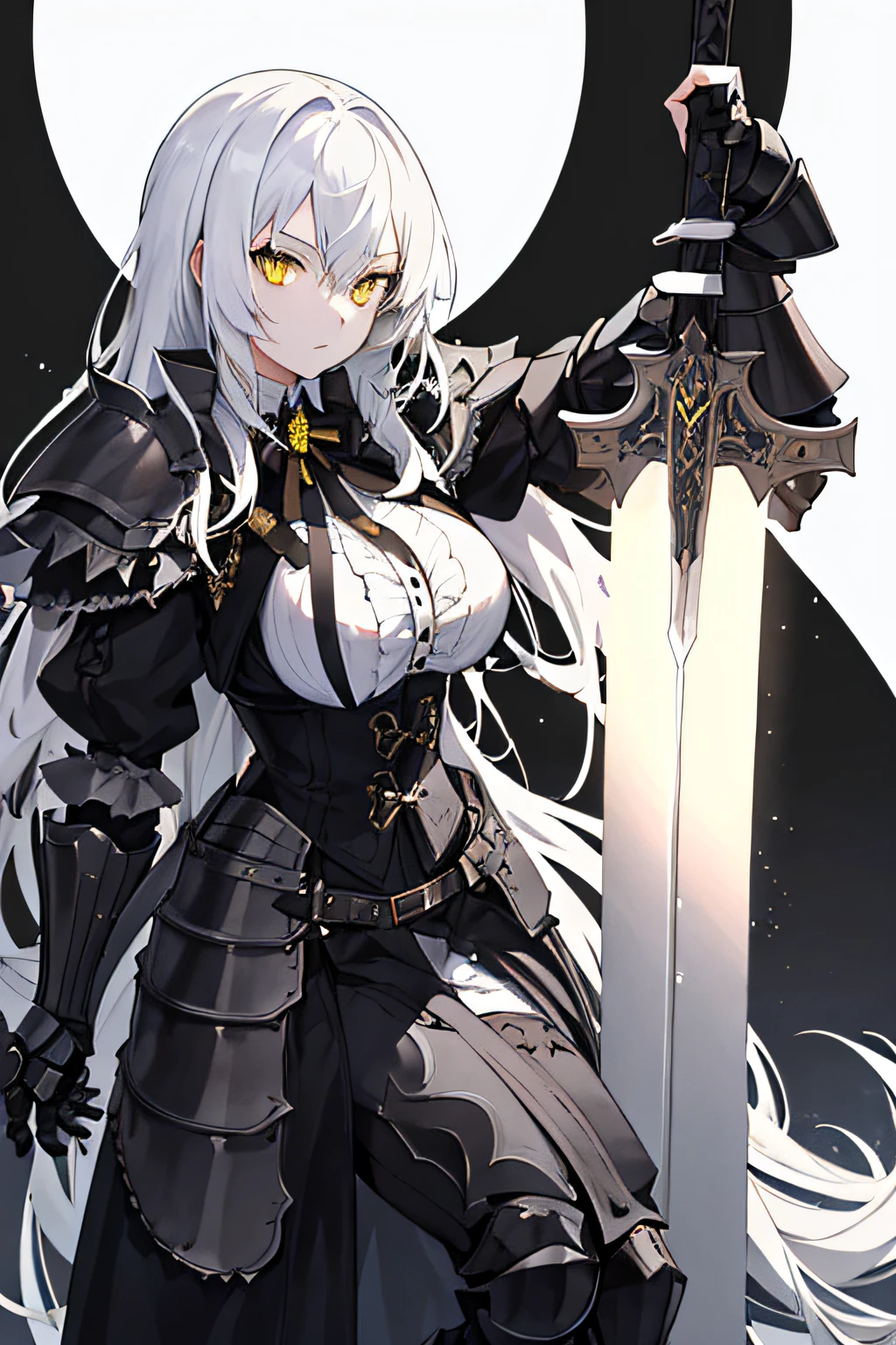 1girl, Victorian, Black knight armor* white hair, yellow eyes, huge long sword, castle