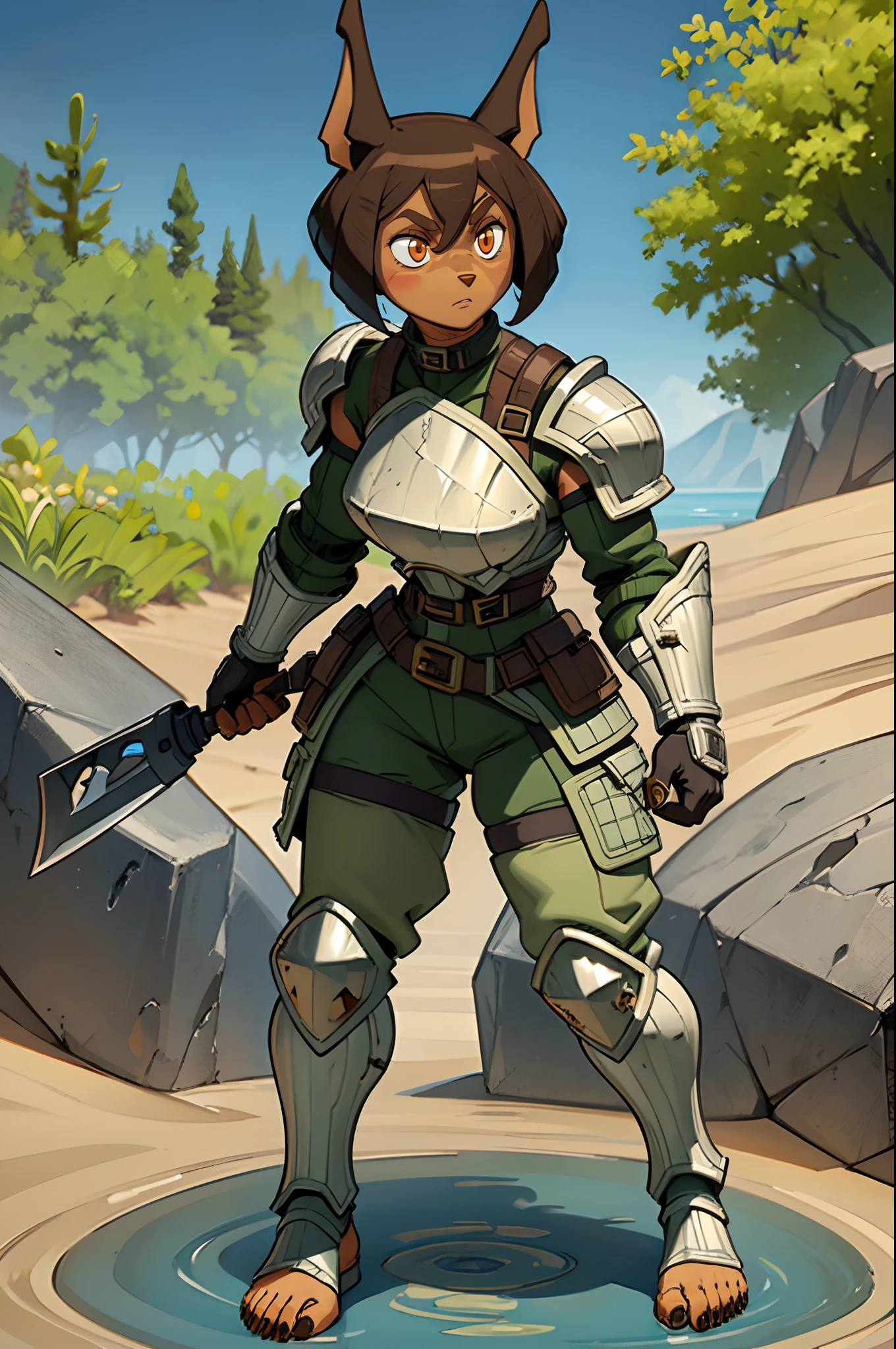 (masterpiece, best quality), outdoors, lush desert, water, full body, 1girl, solo, RoryCeehaz, RoryArmor, green, gloves, black gloves, shoulder armor, breastplate, expressionless, furry, muscular, fighting stance, holding axe, holding weapon