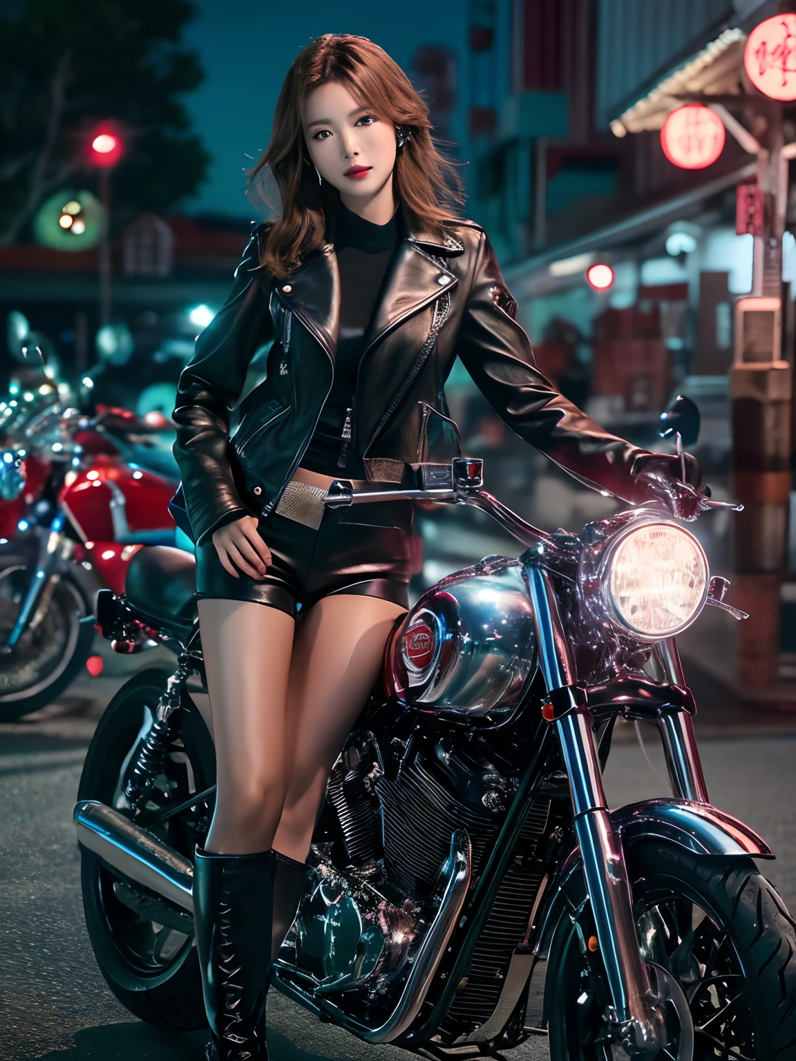 (masutepiece), Full body shot, Photos of the entire motorcycle, cute young woman, Ride an old, traditional shiny metallic silver motorcycle in the city, Charming shape, Shoulder-length shiny smooth hair, Wears a leather black riding jacket, Glossy satin red bikini under riding jacket, Black leather riding gloves, Leather black trousers, Leather black high-heeled boots, Gaze at the night view of the sea, Absolutely beautiful face, Double eyelids, Natural makeup, Long eyelashes, Glossy lips, 8K resolution, High details, Detailed hairstyle, Detailed face, Black eyes, ellegance, epic, Cinematic lighting, Octane rendering, vibrant, Ultra photo realsisim, Fair skin, Perfect limbs, Perfect anatomy