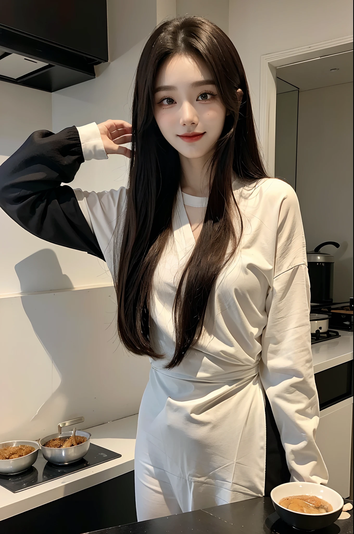 masterpiece、top-quality)、1 beutiful girl、Slim body、((Black and white loungewear:1.1))、(Detailed beautiful eyes)、In the kitchen of a rich man's house、Face similar to Chaewon in Le Selefim、((Boyish Brown Medium Hair))、((Smaller face))、((Neutral face))、((Light brown eyes))、((Korean Girl))、((18year old))、((cool lady))、((A shy smile on his face))、((Korean Makeup))、((elongated and sharp eyes))、((Happy dating))、((boyish))、((Cooking))、((shot from front))