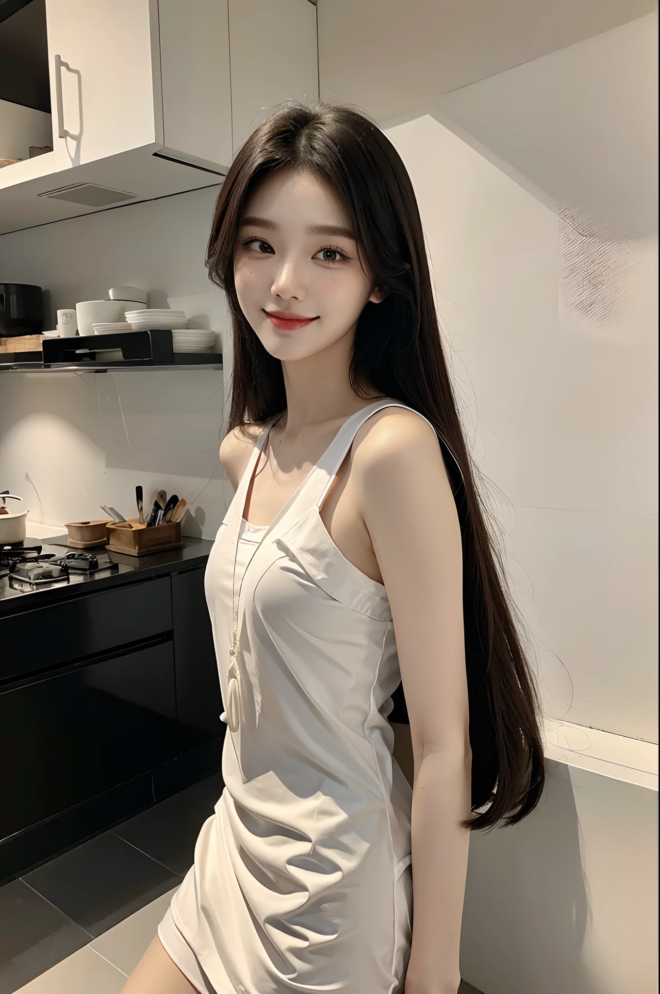 masterpiece、top-quality)、1 beutiful girl、Slim body、((Black and white loungewear:1.1))、(Detailed beautiful eyes)、In the kitchen of a rich man's house、Face similar to Chaewon in Le Selefim、((Boyish Brown Medium Hair))、((Smaller face))、((Neutral face))、((Light brown eyes))、((Korean Girl))、((18year old))、((cool lady))、((A shy smile on his face))、((Korean Makeup))、((elongated and sharp eyes))、((Happy dating))、((boyish))、((Cooking))、((shot from front))