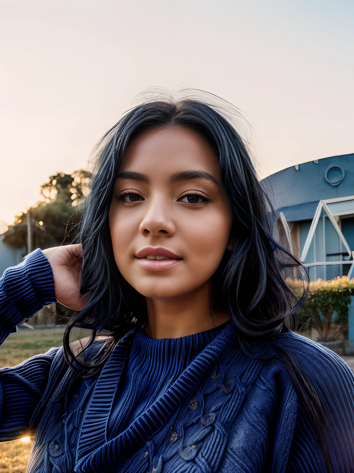 NSFW, Best Quality 1girl, Medium-black hair, Happy, (tetas grandes, in a blue sweater, Without text and letters:1.3), Soft sunlight, subject,(morning:1.2), Medium halos, exteriors, Cute