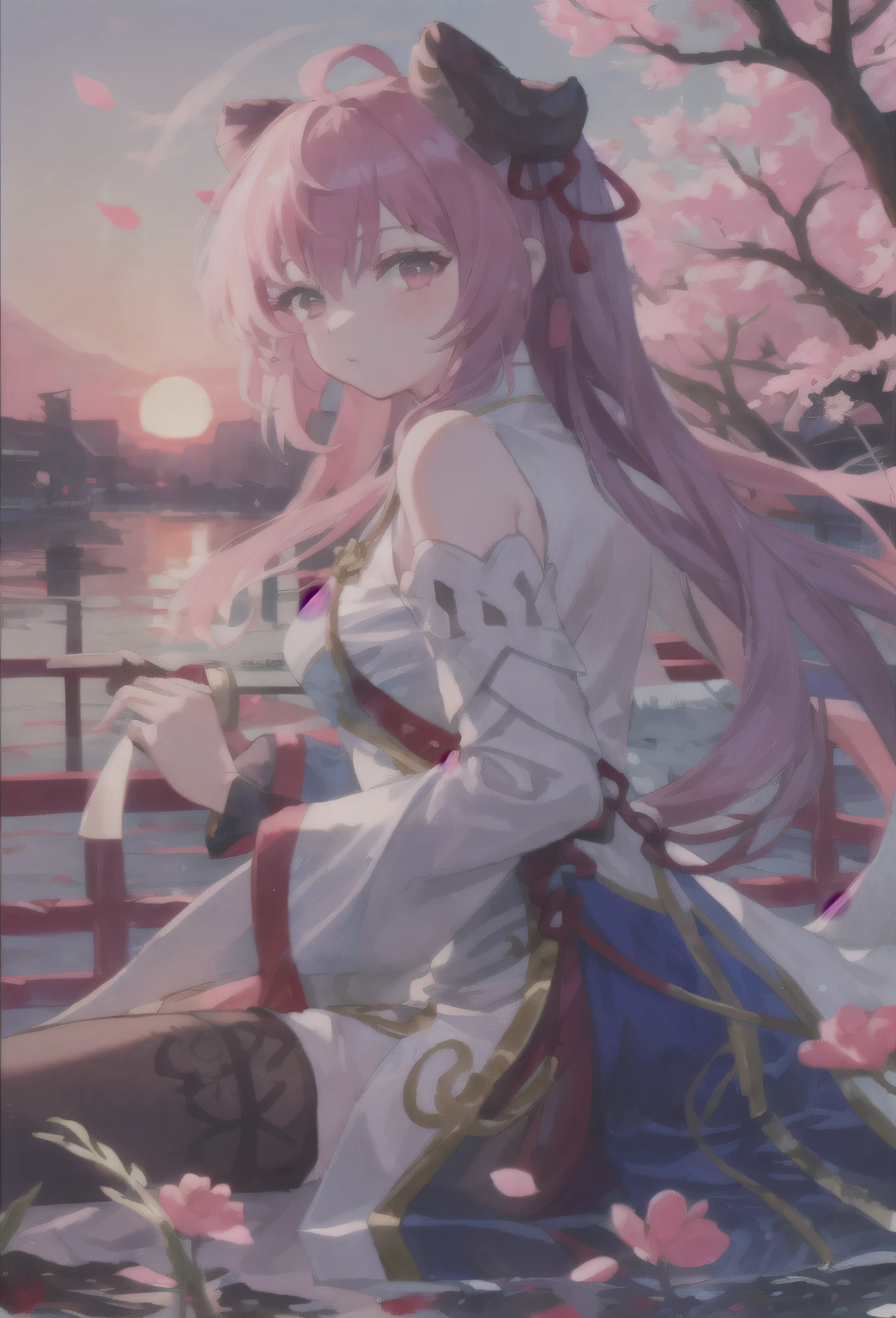 Top quality, Ink painting style, Fresh and elegant, Clear lake water，In the setting sun，Cherry blossom petals fall quietly, Girl in pure white cheongsam, holding a longsword，A gentle breeze ruffles the hair, In the middle of the old harbour,  A poetic scene