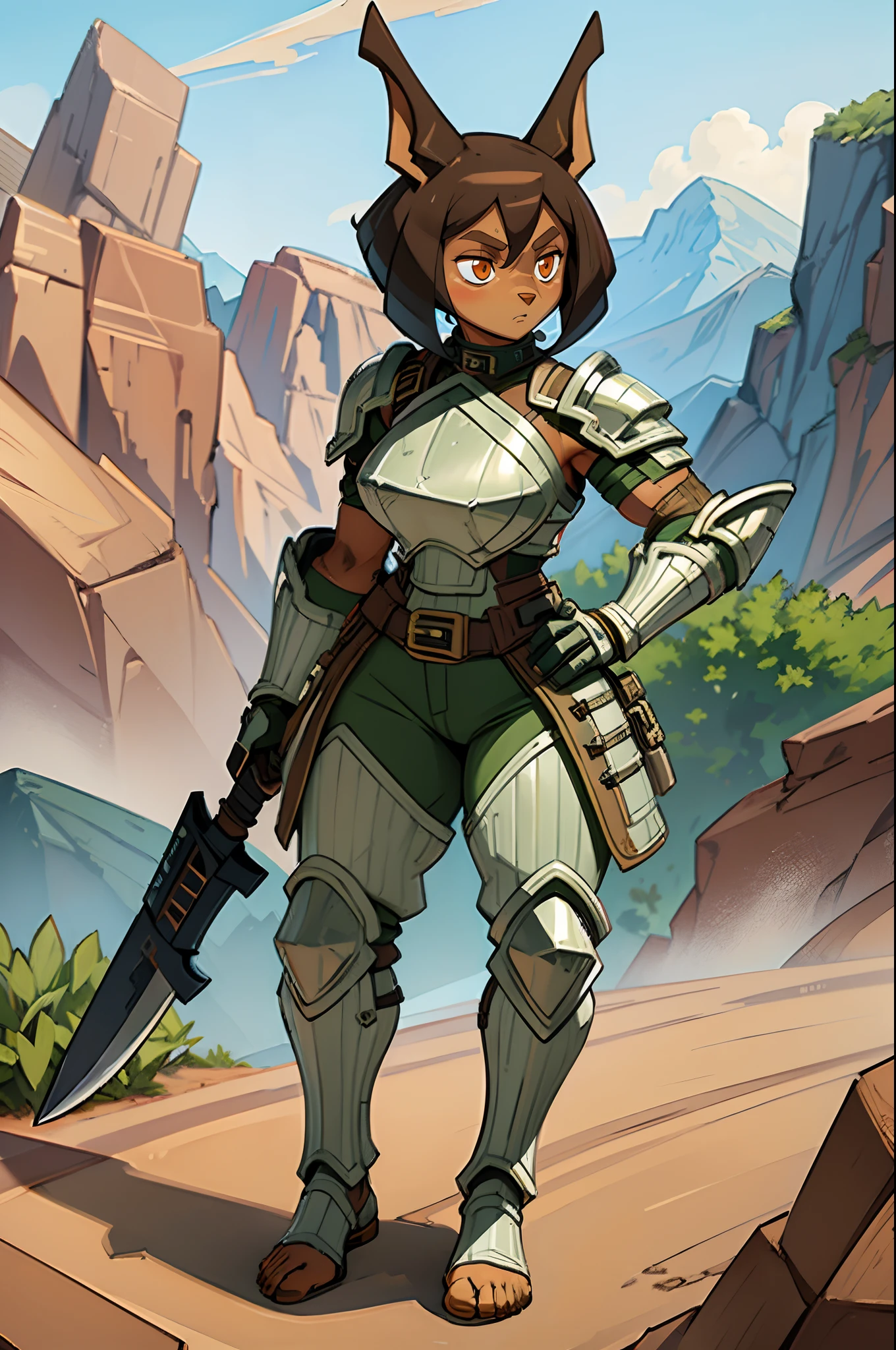 (masterpiece, best quality), outdoors, lush desert, water, full body, 1girl, solo, RoryCeehaz, RoryArmor, green, gloves, black gloves, shoulder armor, breastplate, expressionless, furry, muscular, fighting stance, holding axe, holding weapon