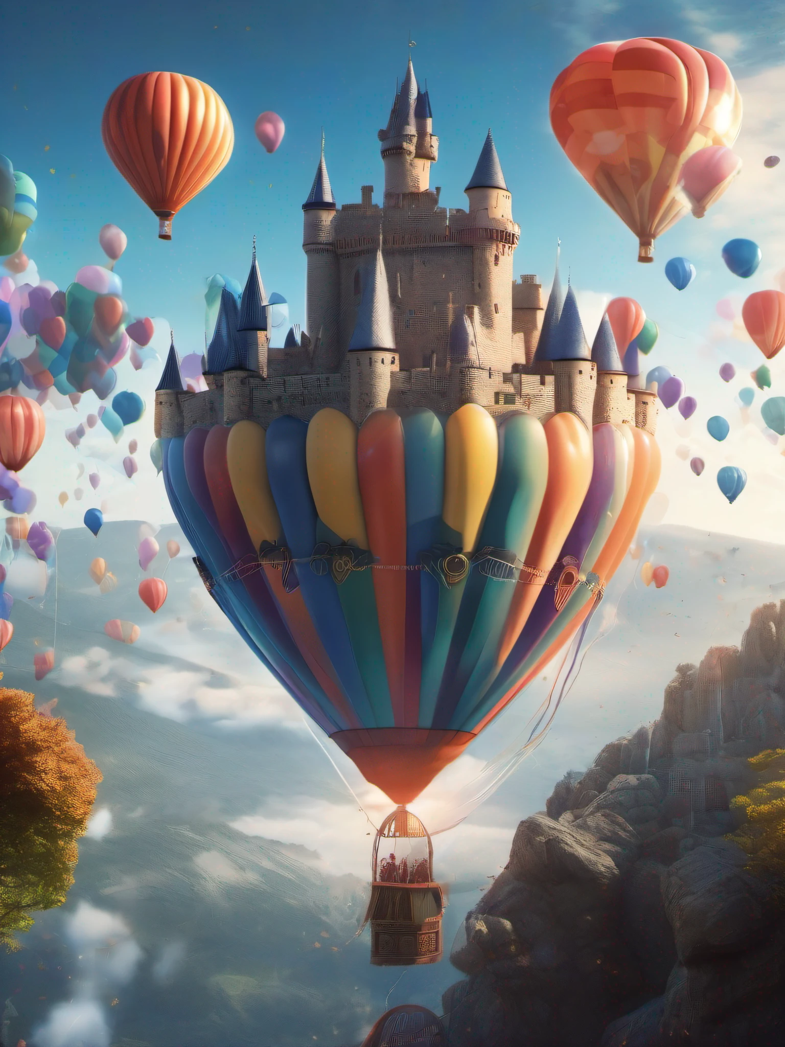 Masterpiece、A hyper-realistic、Highly detailed background,Realistic,ultra-detailliert,super detailed skin,light glow,Film grain,Expro II,Lens Flare,Sharpen,cinematic shadow、((A castle with many balloons floating in the sky)):1.9