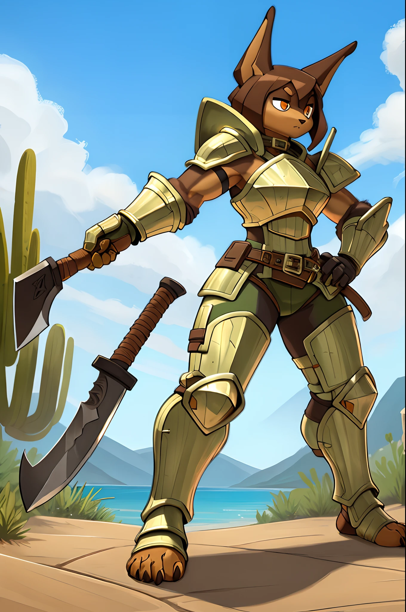 (masterpiece, best quality), outdoors, lush desert, water, full body, 1girl, solo, RoryCeehaz, RoryArmor, green, gloves, black gloves, shoulder armor, breastplate, expressionless, furry, muscular, fighting stance, holding axe, holding weapon