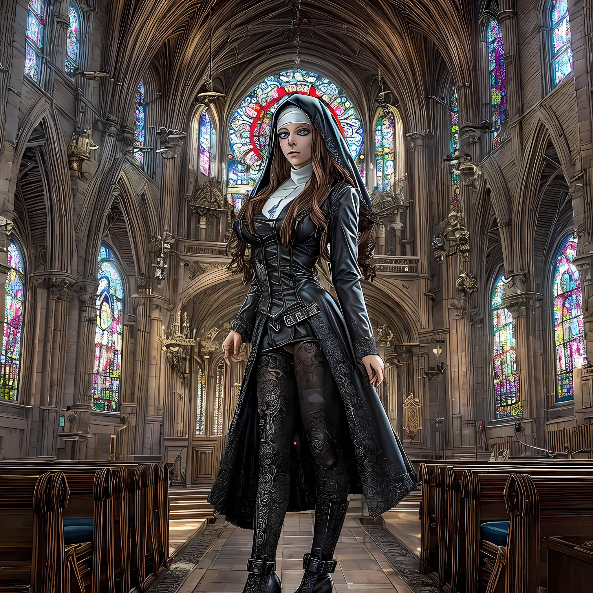 a picture of a steampunk (1)nun in a church, wearing nun habit, wearing black pantyhose, (best detailed face:1.3), ultra feminine: 1.3), dynamic hair, long hair, wavy hair, blue eyes, intent eyes, wearing high heeled boots, photorealistic, 16k, RAW, award winning, (best detailed: 1.5), masterpiece, best quality, (best detailed: 1.3), full body, ultra wide shot,