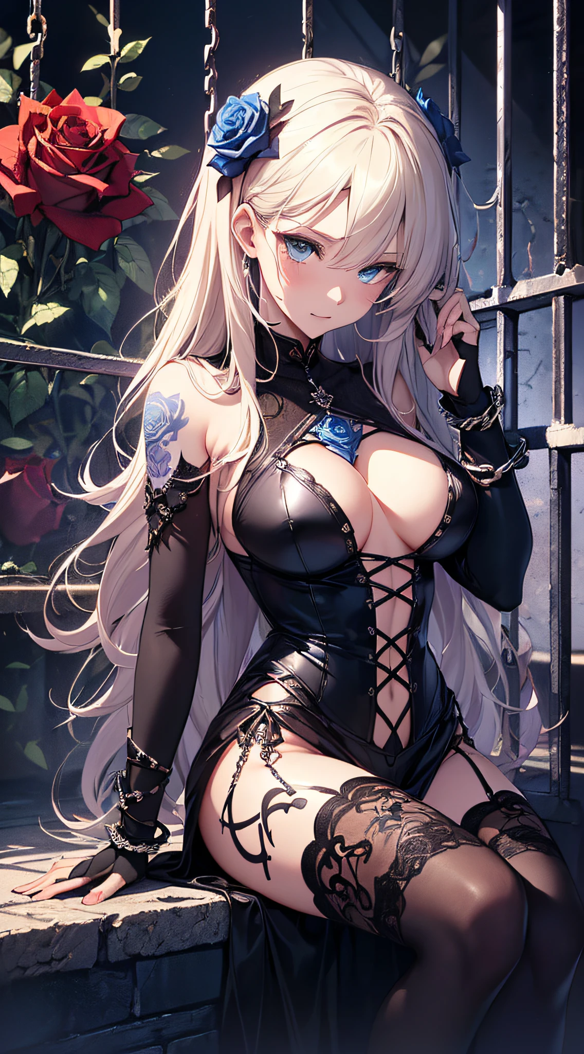 top-quality、Top image quality、​masterpiece、girl with((18year old、dark outfit、prisoner、 Best Bust、Bust 85、a blond、Semi-long、Blue eyes、open chest wide、Valley、Happiness、A slender、Provocative behavior、Evil face、Handcuffed、High laughter、Skull Tattoo、Tattoo of roses、Targeting your audience、Fastening blue rose hair、Black aura)）hiquality、Beautiful Art、Background with((prison、Dark impression))、masutepiece、Elaborate design、visualart、dark art