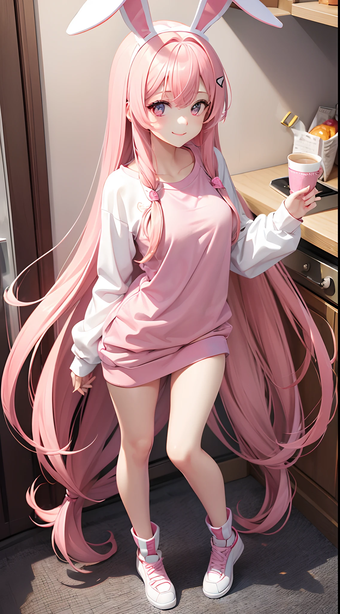1 girl, baggy clothes, home, long pink hair, pink colour eyes, smiling, excited, beautiful, pale skin, perfect body figure, A cup size breast 1:3, cute, slim waist, bunny ears