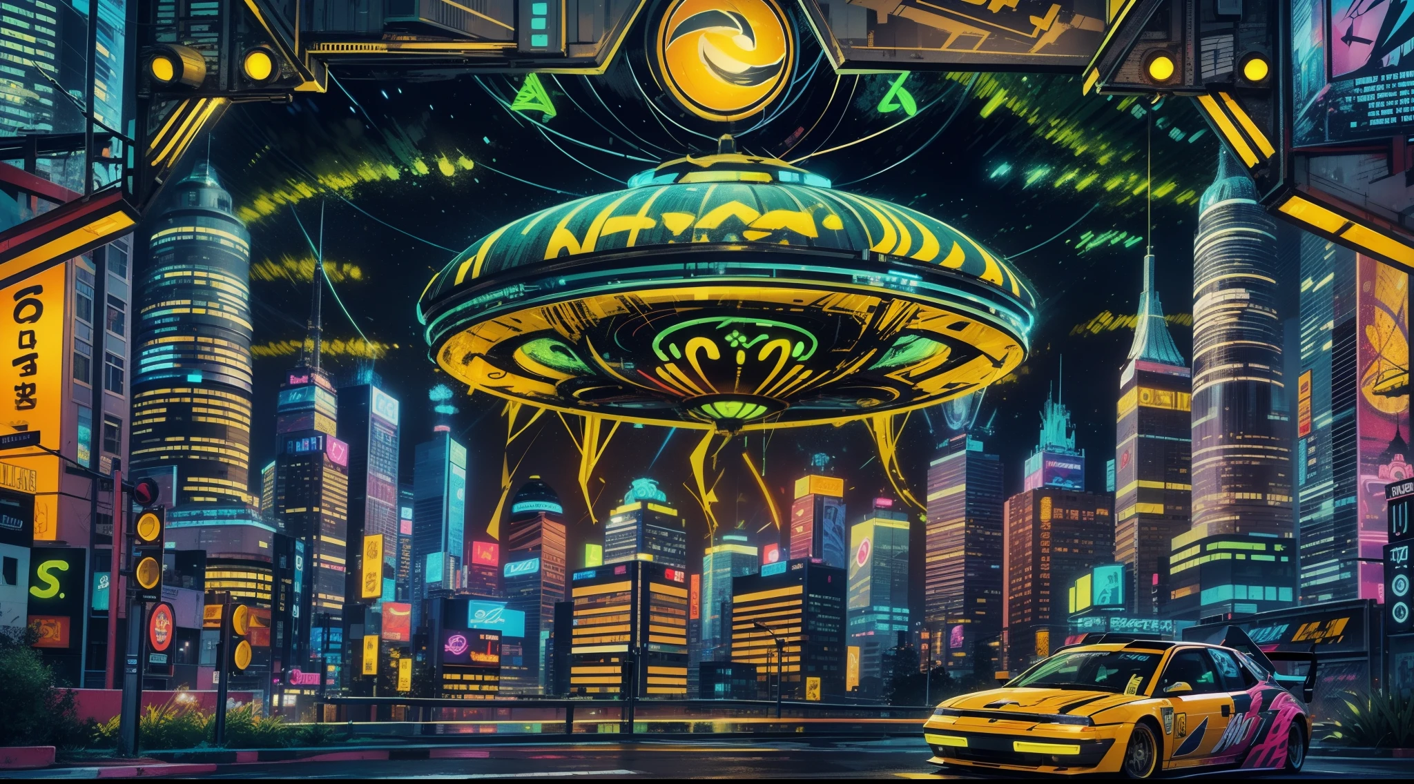 Create a vibrant and detailed graffiti-style (Style: graffiti) artwork depicting a flying saucer (Subject: flying saucer) in a dynamic mid-air pose. The saucer should be adorned with intricate, otherworldly patterns and symbols (Patterns: intricate symbols) that glow with neon colors (Color: neon). It's set against the backdrop of an urban cityscape at night (Environment: urban cityscape at night) with a dramatic, cinematic lighting (Lighting: cinematic) that highlights the saucer's presence