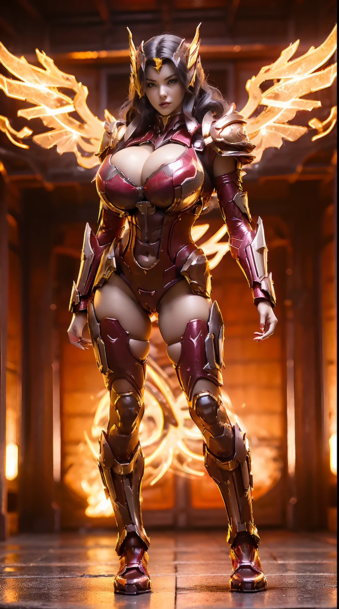A WOMAN, BEAUTIFULL FACE, HUGE BOOBS, RED, GOLD, BLACK, MECHA ARMOR FULL GEAR, (SUIT), (CLEAVAGE), (A PAIR LARGEST WINGS), (FULL BODY:1), TRANSPARANT, (SEXY TALL LEGS:1), STANDING, (SEXY BODY:1), (MUSCLE ABS:1).