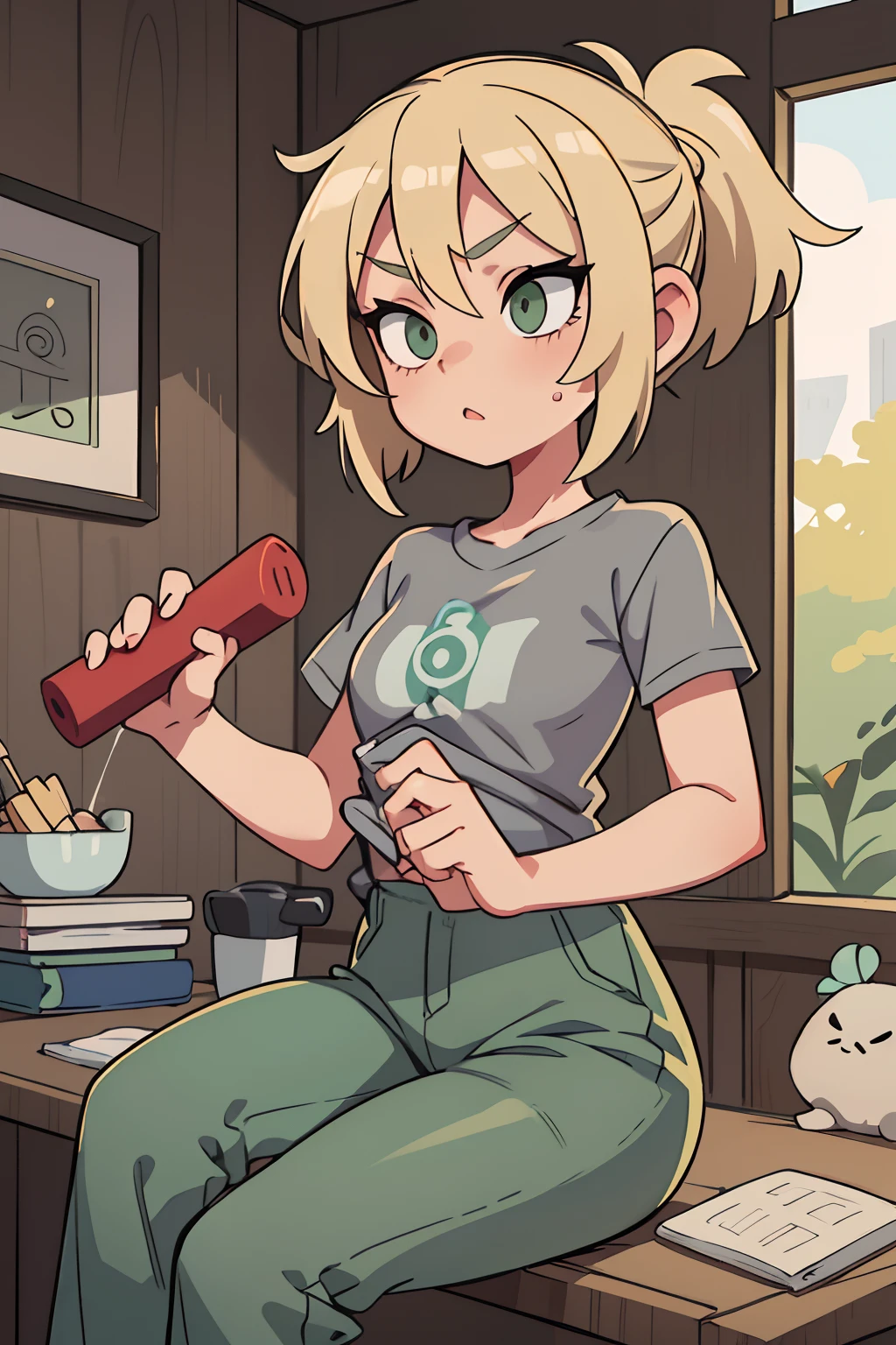 girl blonde hairstyle korean mallet, Ulubaetsya, gray-green eyes, light gray T-shirt with YouTube logo, dark gray pants, green krosovki sits standing