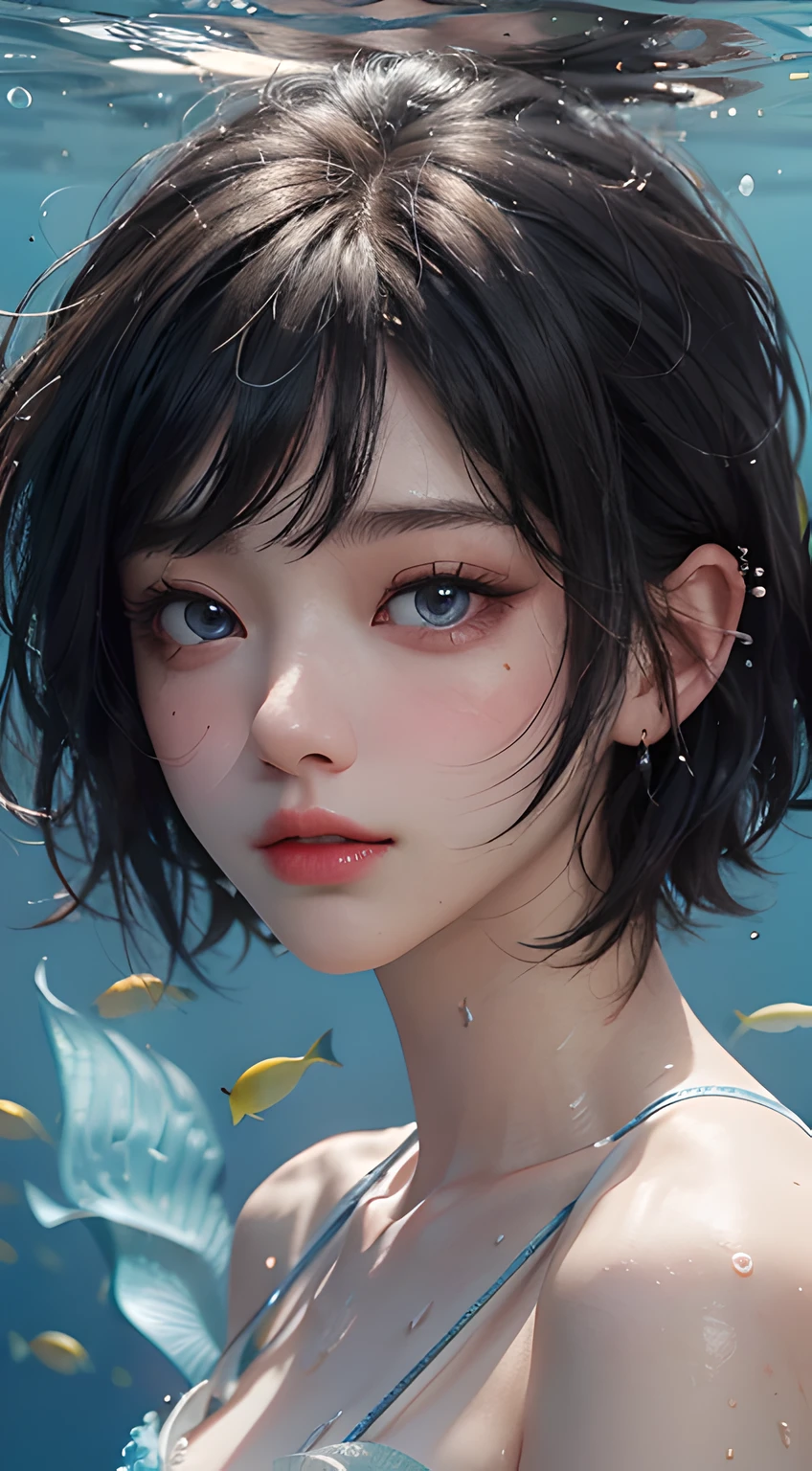 1girl,high high quality,masterpiece,Delicate facial features,Delicate hair,Delicate eyes,Guviz-style artwork, guweiz masterpiece, Stylized anime, Angelic face, mermaid,(softlighting:1.2) (beautiful detailed face), (美丽细致的眼睛), Eyes shine (blue eyes), hair between eye (black short hair with fringe) ((short hair)) ,lusciouslips (coral lips color), underwater, wet
