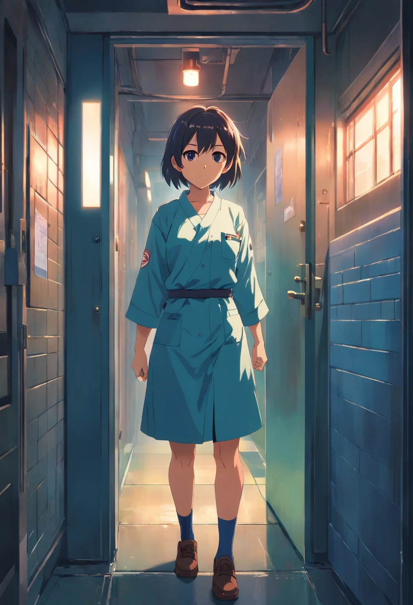 (best quality,ultra-detailed,realistic:1.37),1girl,prisoner,prison,wearing prisoner uniform,determined expression,fierce eyes,strong-willed,iron bars,grim atmosphere,dark lighting,desperate escape plan,confined space,emotionally charged, heavy chains,harsh reality,edgy,gritty,unyielding,oppressive environment,haunted past,unresolved conflict,persistent struggle,desperate hope,loneliness,void,identity crisis,impending danger,perpetual confinement,rigid rules, ominous shadows,sharp contrasts, defiant spirit,unbreakable resolve, secret passageway